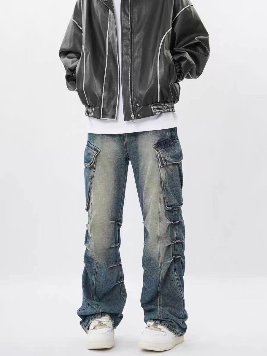 Retro washed distressed multi-pocket pleated work jeans