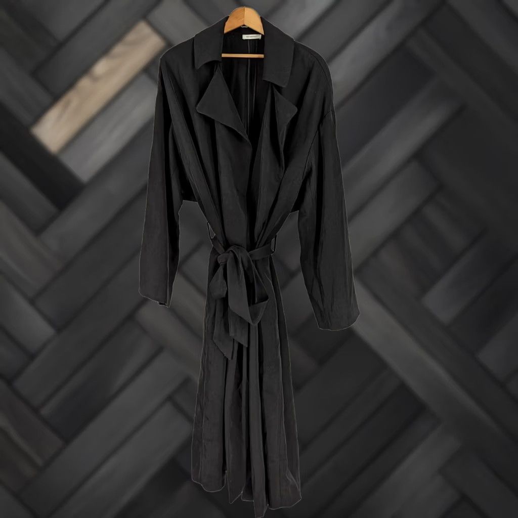 Vintage Protagonist Shirt Jacket Womens One Size Black Rayon Belted Trench Coat Spring 2016 Runway Womens Size ONE SIZE - 1 Thumbnail