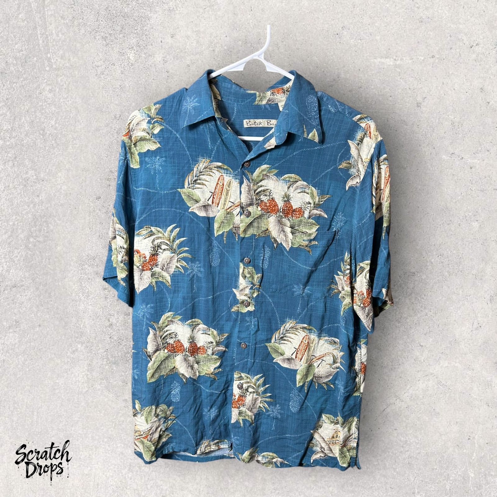 J14】90s Batik Bay 半袖シャツ 総柄 魚柄 ブルー メンズ M