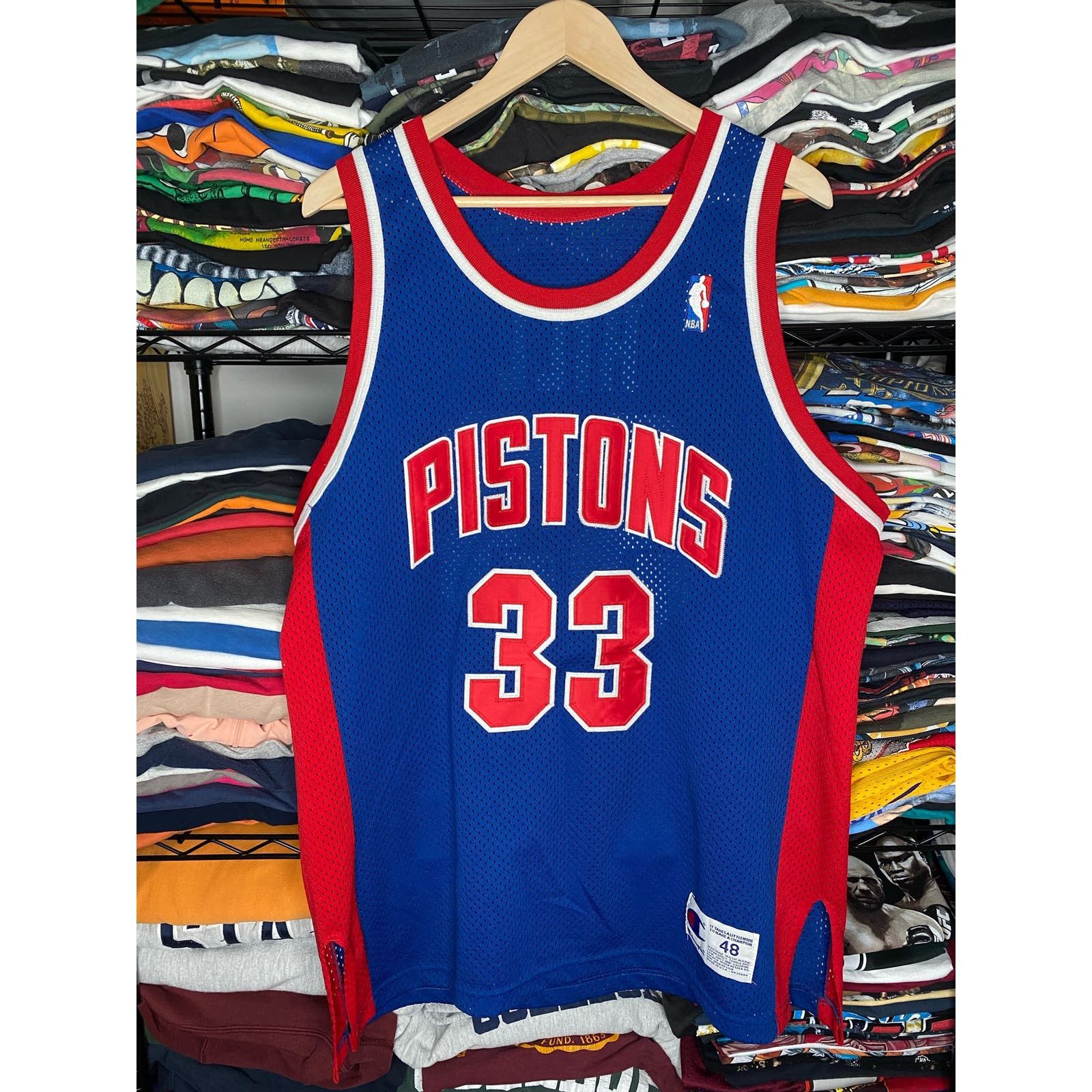 image of Vintage 90's Champion Detroit Pistons Grant Hill Jersey in Blue, Men's (Size XL)