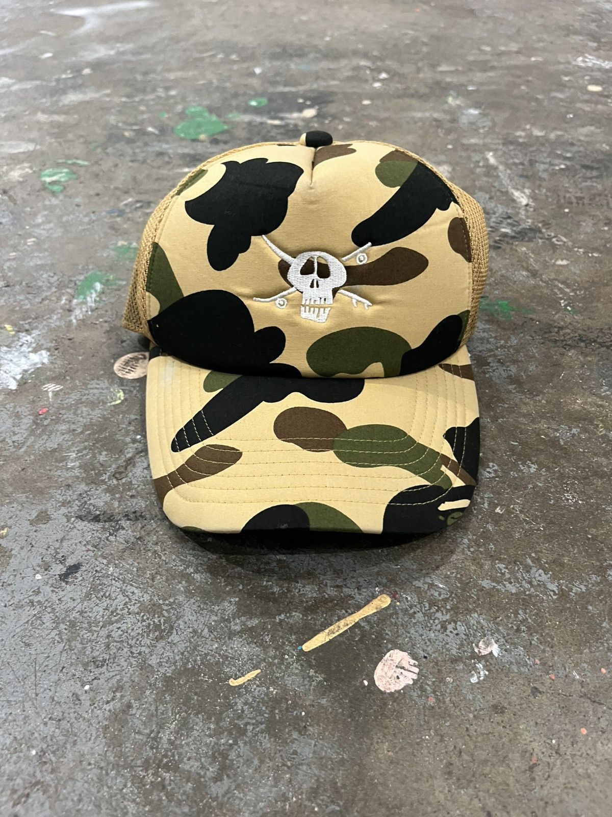 Bape A Bathing Ape x Stussy Yellow Camo Trucker Hat | Grailed