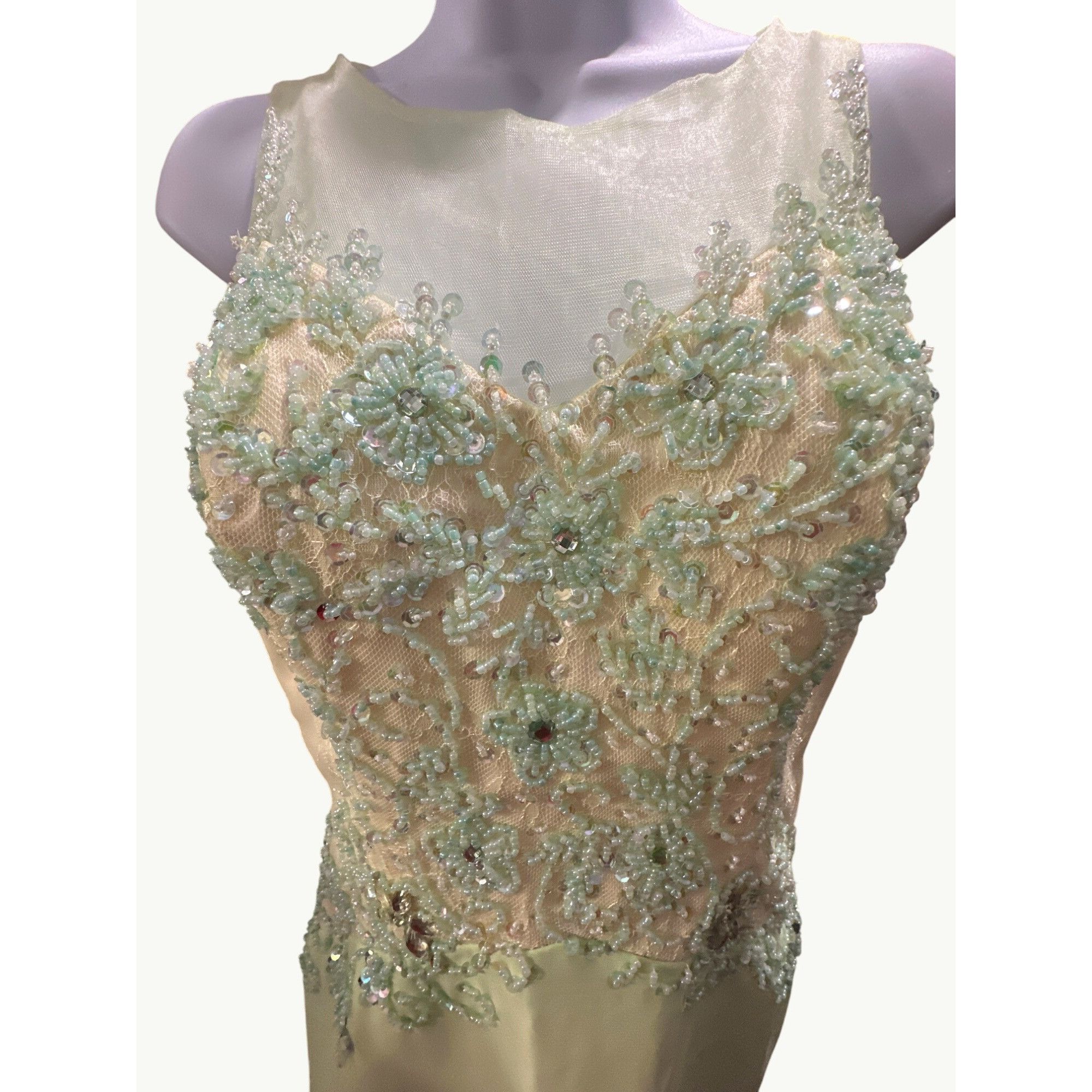 Other Appliqué Green Beaded Evening Gown Sheer Bodice Embellished Size S / US 4 / IT 40 - 2 Thumbnail