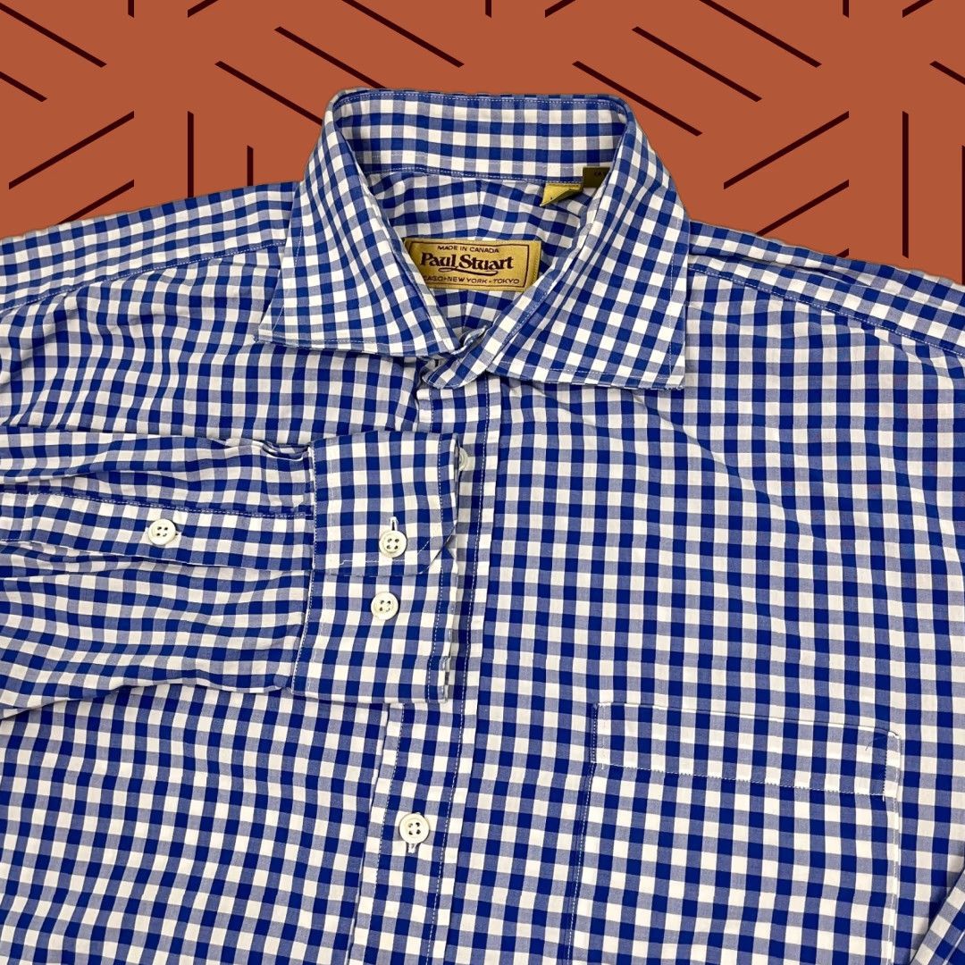 Paul Stuart Paul Stuart Shirt Mens 16.5 R White Blue Gingham Check Dress Button Up Canada Size 46R - 1 Thumbnail
