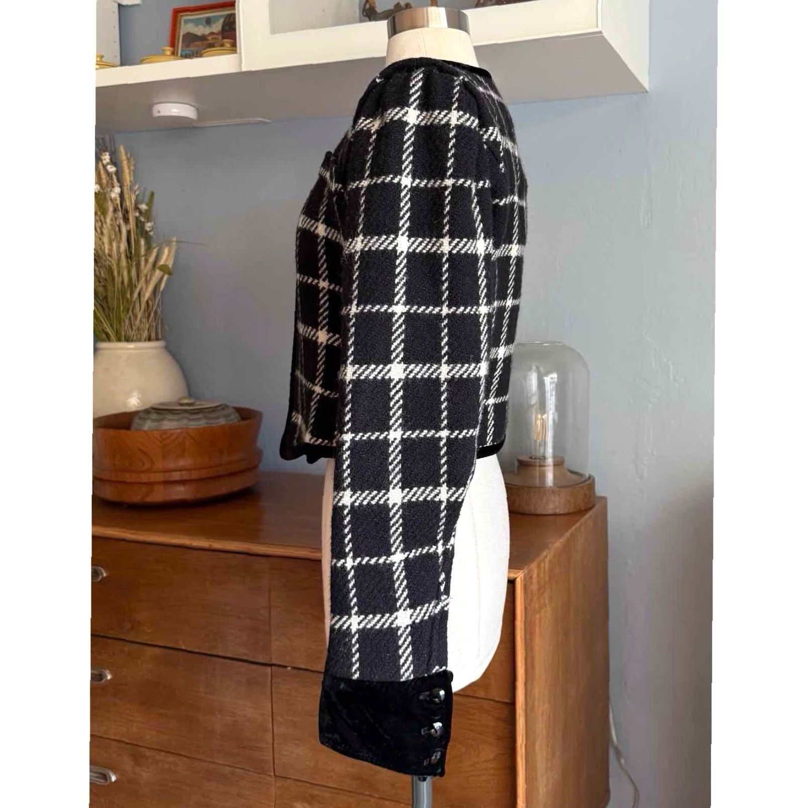 Vintage VINTAGE Emanuel Ungaro Parallele Paris Tweed Jacket Black White Check 80s Size 8 Wool Velvet Trim Womens/Mens Size S / US 4 / IT 40 - 3 Thumbnail