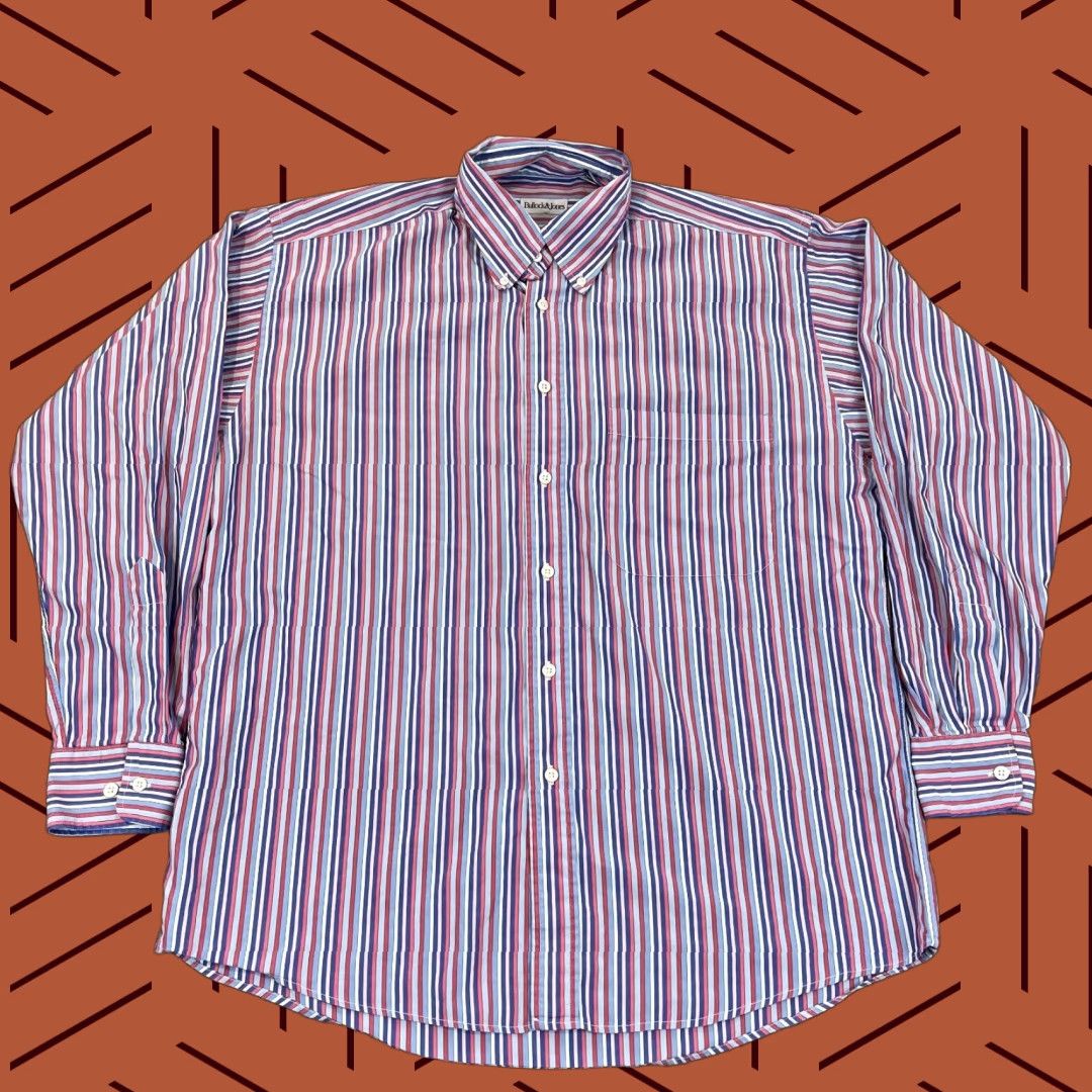 Vintage Bullock & Jones Shirt Mens Large Red White Blue Striped Button Up Down Dress L/S Size 42R - 1 Thumbnail