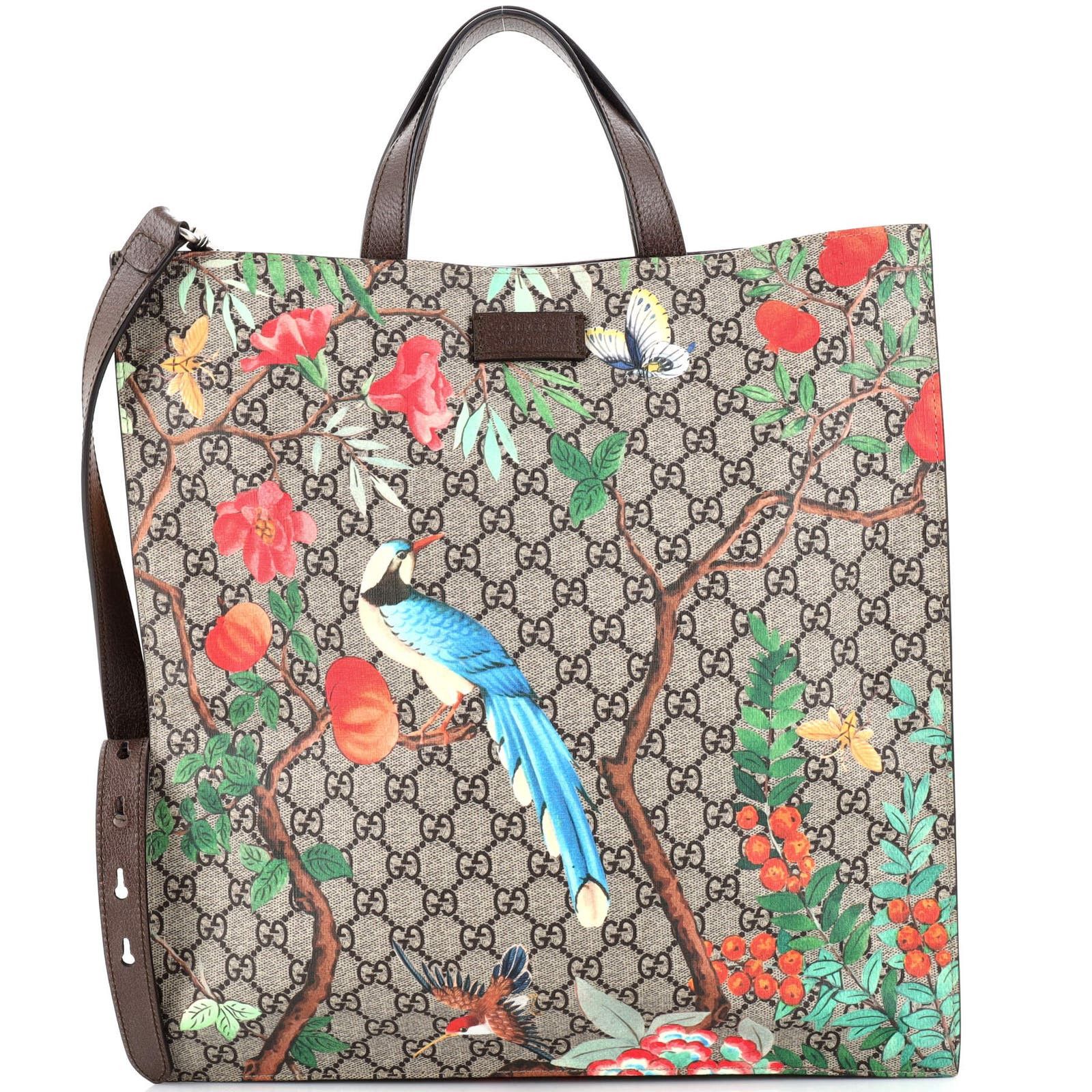 image of Gucci Convertible Soft Open Tote Tian Print GG Coated Canvas Tall in Brown, Women's
