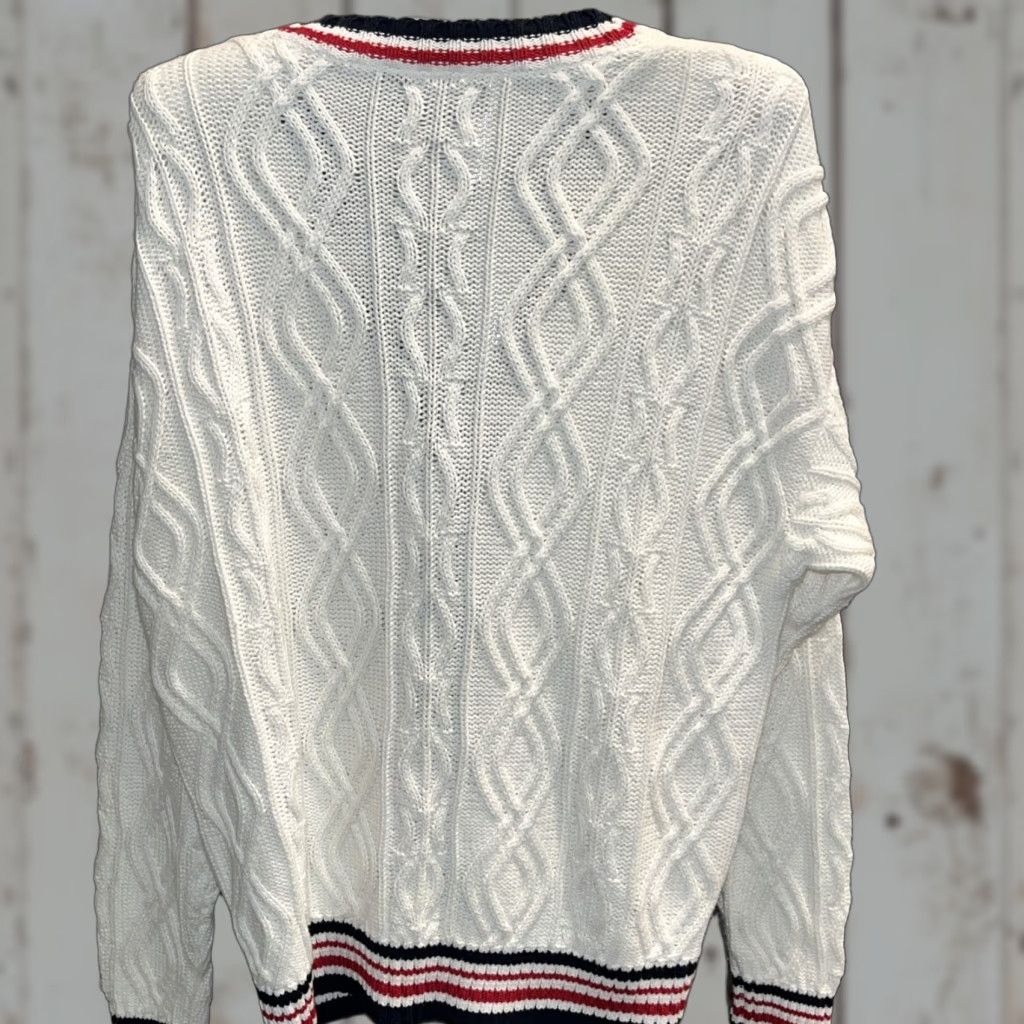 Vintage VINTAGE Lizsport Cardigan 90s KnIT Cable-V-Neck WhiteStripe Blue Red Gold Buttons Women Ps Petite Size S / US 4 / IT 40 - 1 Thumbnail