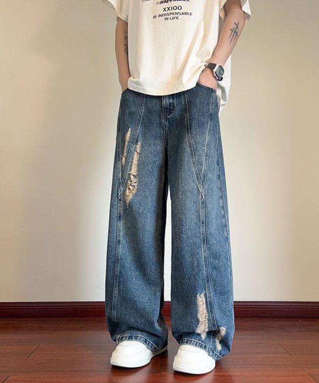 Japanese Brand Men's ripped loose-fitting casual patchwork washed jeans Size US 32 / EU 48 - 1 Thumbnail