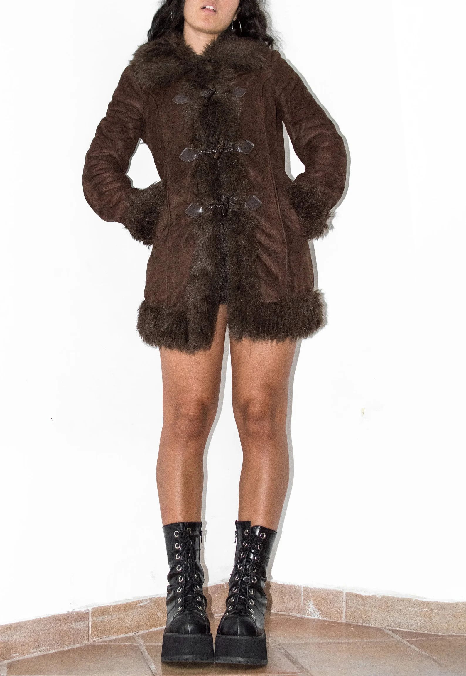 Y2k Vintage Faux Fur Trim Afghan Coat in Brown