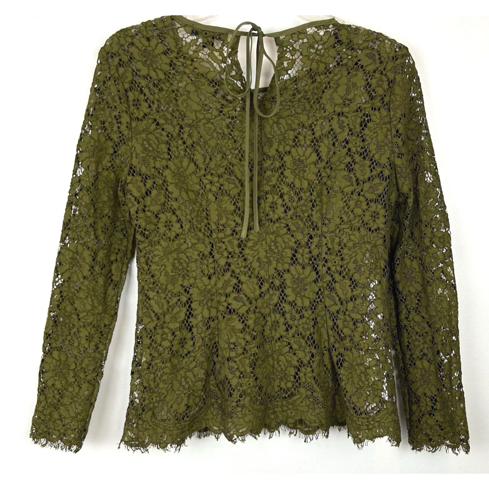J.Crew J.CREW Lace Top Womens 2 Petite Long Sleeve Shirt Olive Green Sheer Sleeve Blouse Size XS / US 0-2 / IT 36-38 - 2 Thumbnail