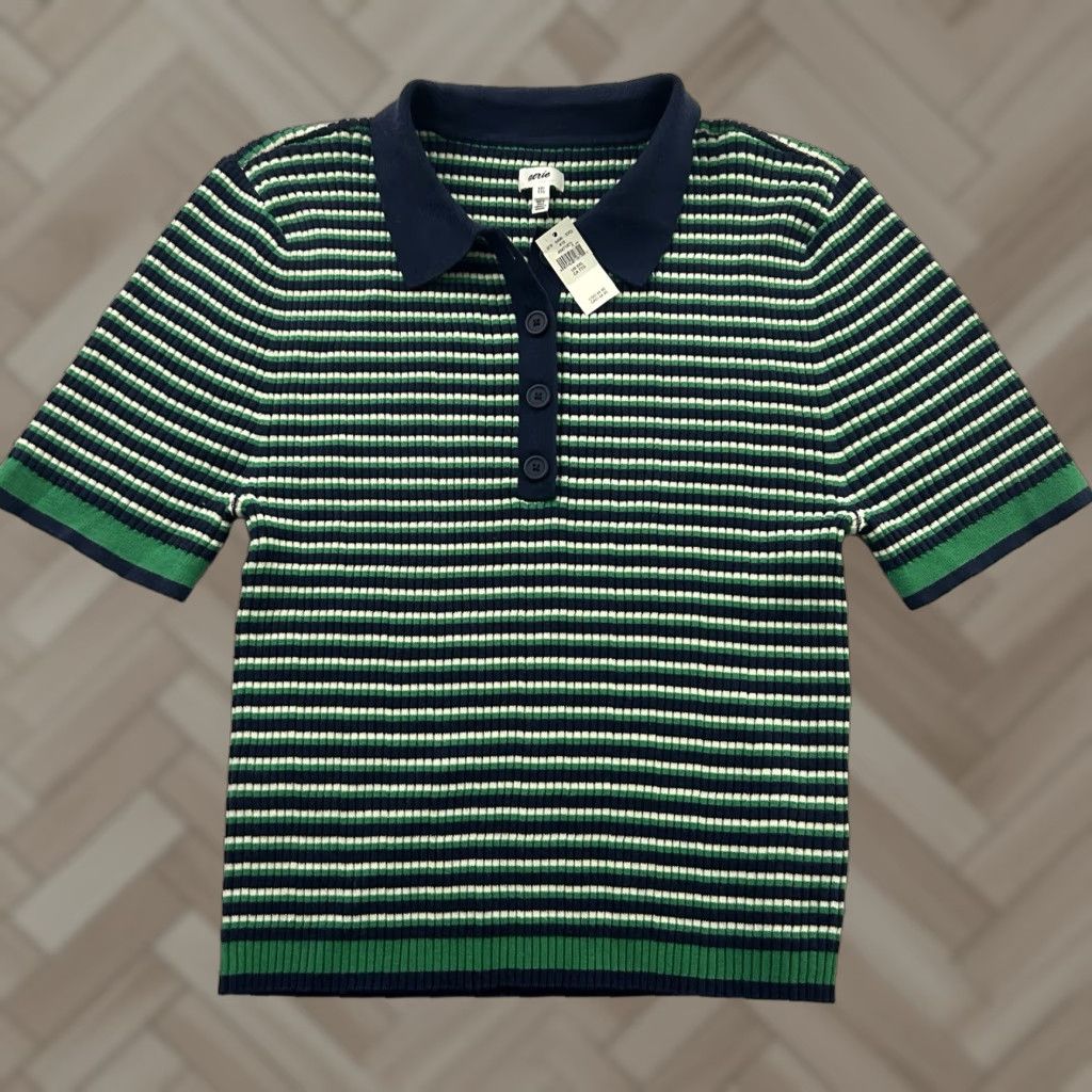 Vintage NEW Aerie Button Front Ribbed Short Sleeve Sweater Top Women's 2XL Green Blue Shirt Size XXL / US 16-18 / IT 52-54 - 1 Thumbnail