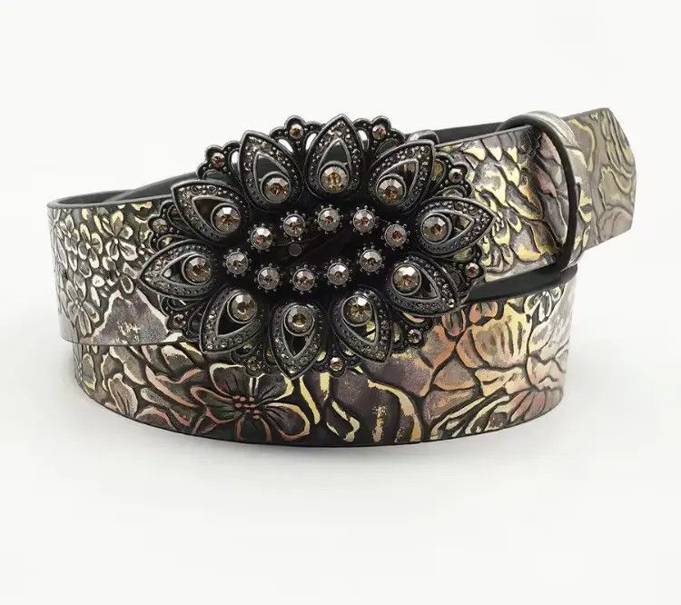 Japanese Brand 110 cm Rhinestone Inlaid Belt with Leaf Pattern Printed Belt Size 32 - 3 Thumbnail