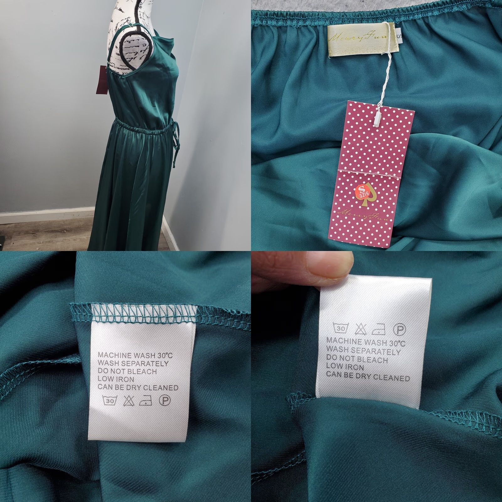 Vintage Messy Fun Maxi Dress Womens Size S Green Satin Drawstring Waist Adjustable Strap - Sleeveless, Party/Cocktail, 51 Length, Chest 15 Size S / US 4 / IT 40 - 8 Thumbnail