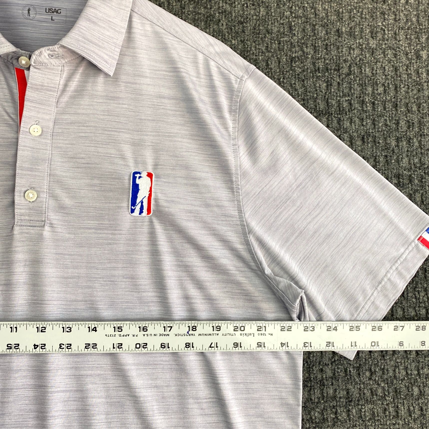 Vintage VINTAGE? Wait no - The item is not vintage per specs. So: USAG Polo Shirt Men L Gray Red White USA Embroidered Logo Golf Shirt Short Sleeve Activewear Size US L / EU 52-54 / 3 - 6 Thumbnail