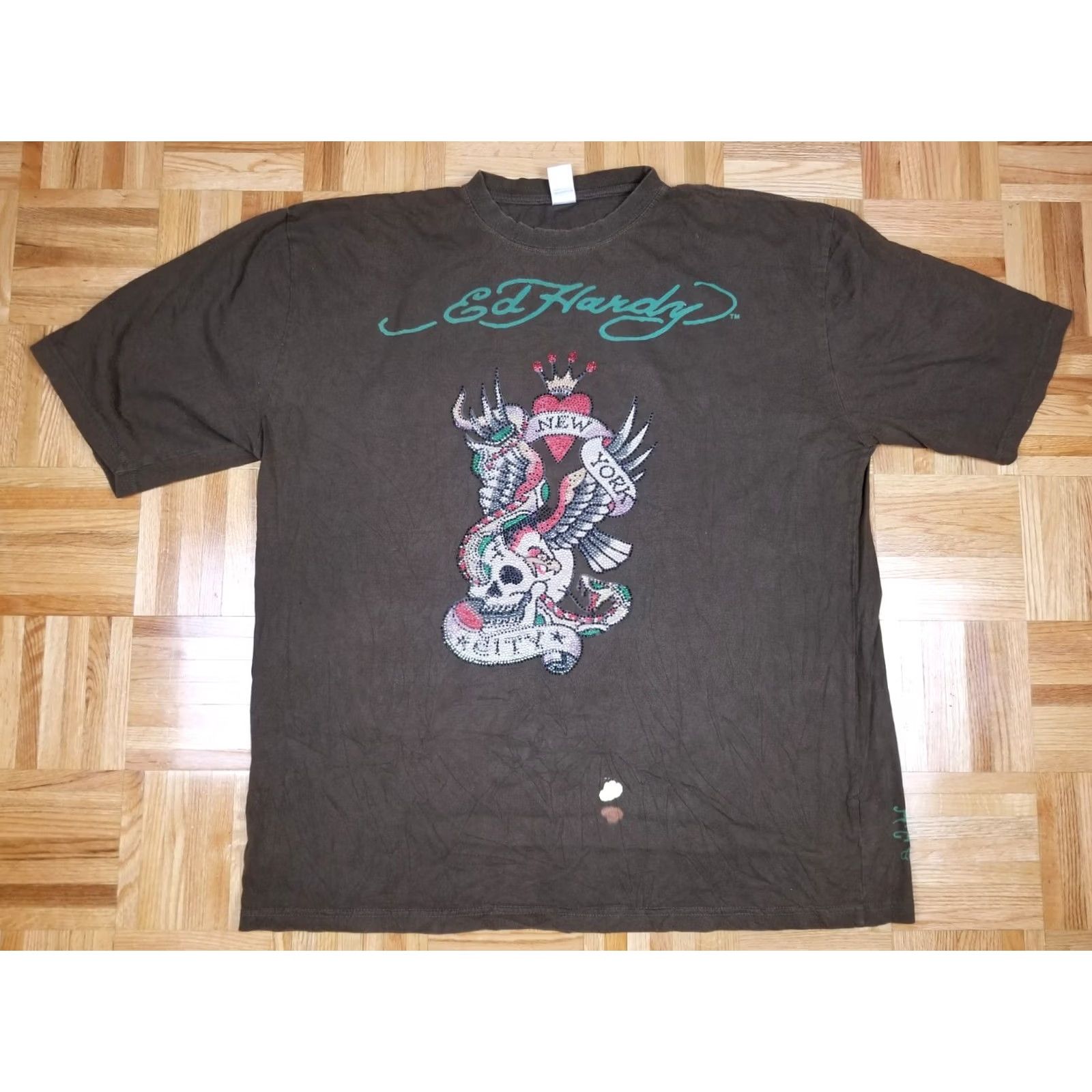 Ed Hardy VINTAGE Y2K ED HARDY CHRISTIAN AUDIGIER NEW YORK CITY BEADED T-SHIRT Brown 3XL Mens Size US XXL / EU 58 / 5 - 2 Thumbnail
