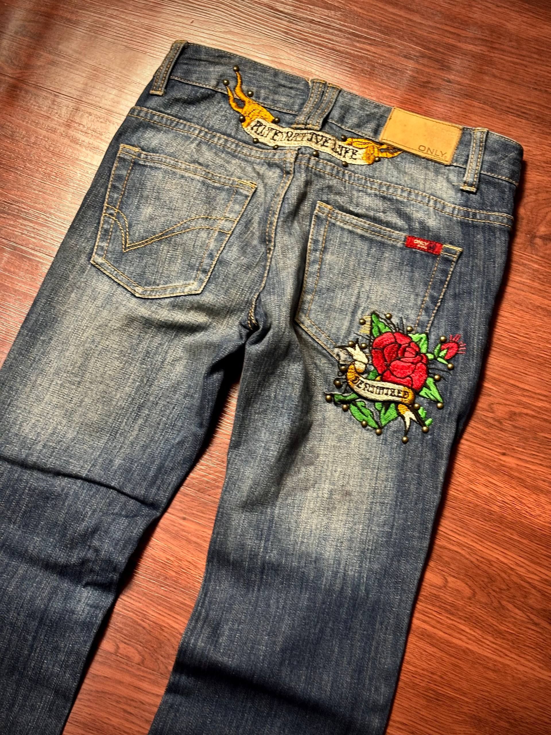 Avirex × Ed Hardy Vintage Y2K Ed Hardy Style Pants Rose Back Hit Flare Denim Size 28" / US 6 / IT 42 - 3 Thumbnail