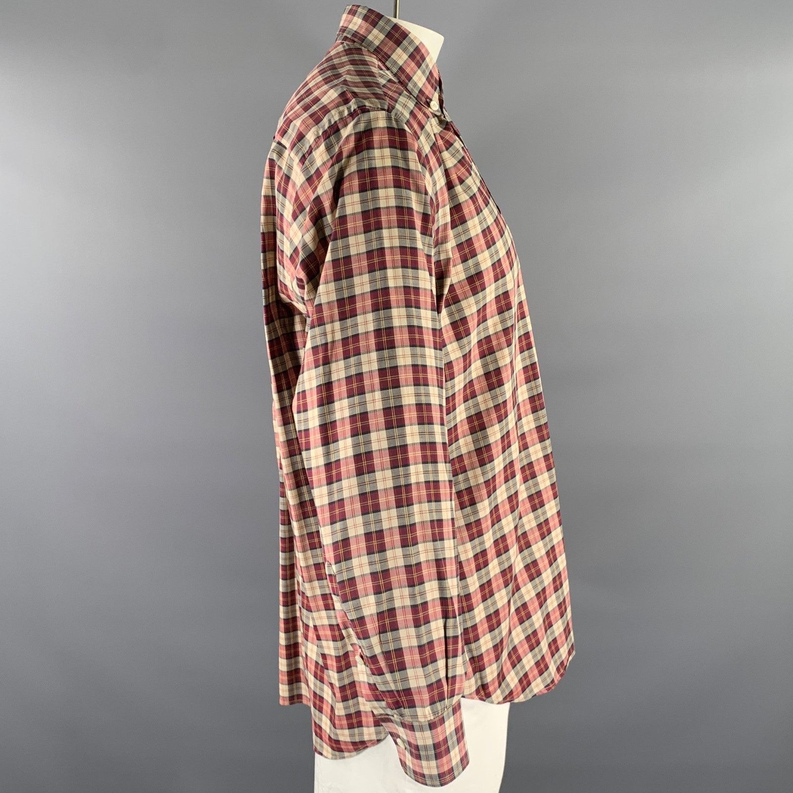 Brioni BRIONI L Burgundy Tan Tartan Cotton Button Down Size US L / EU 52-54 / 3 - 3 Thumbnail