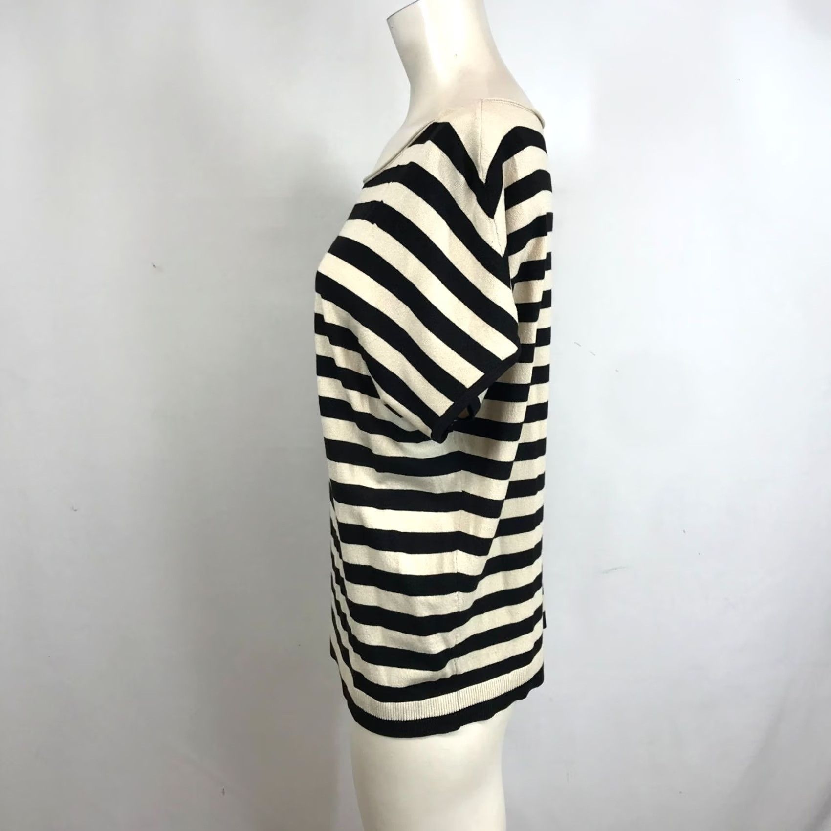 Loft LOFT Women's Medium Tan/Black Stripe Short Sleeve Round Neck Blouse Top Size M / US 6-8 / IT 42-44 - 6 Thumbnail