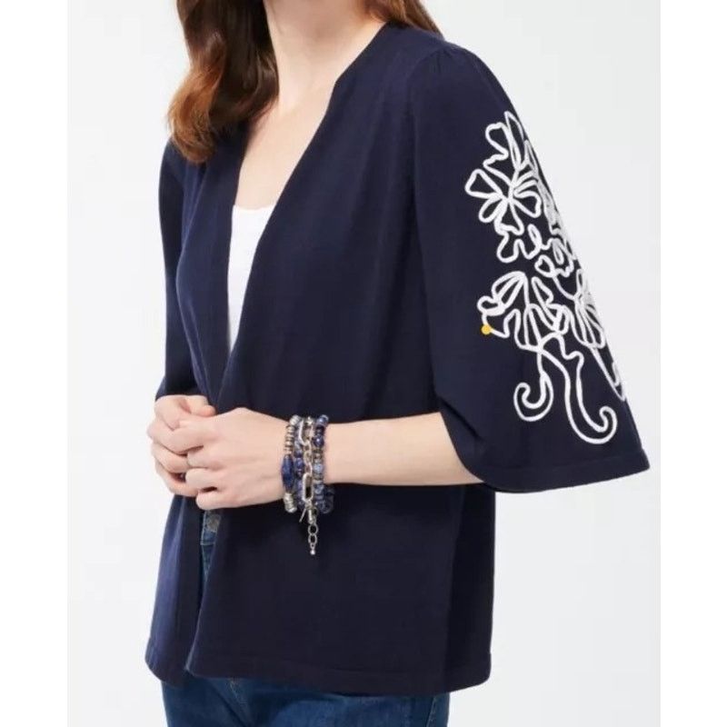 Chicos CHICOS | Navy White Embroidered Sleeve Open Sweater Cardigan Size XXL / US 16-18 / IT 52-54 - 1 Thumbnail