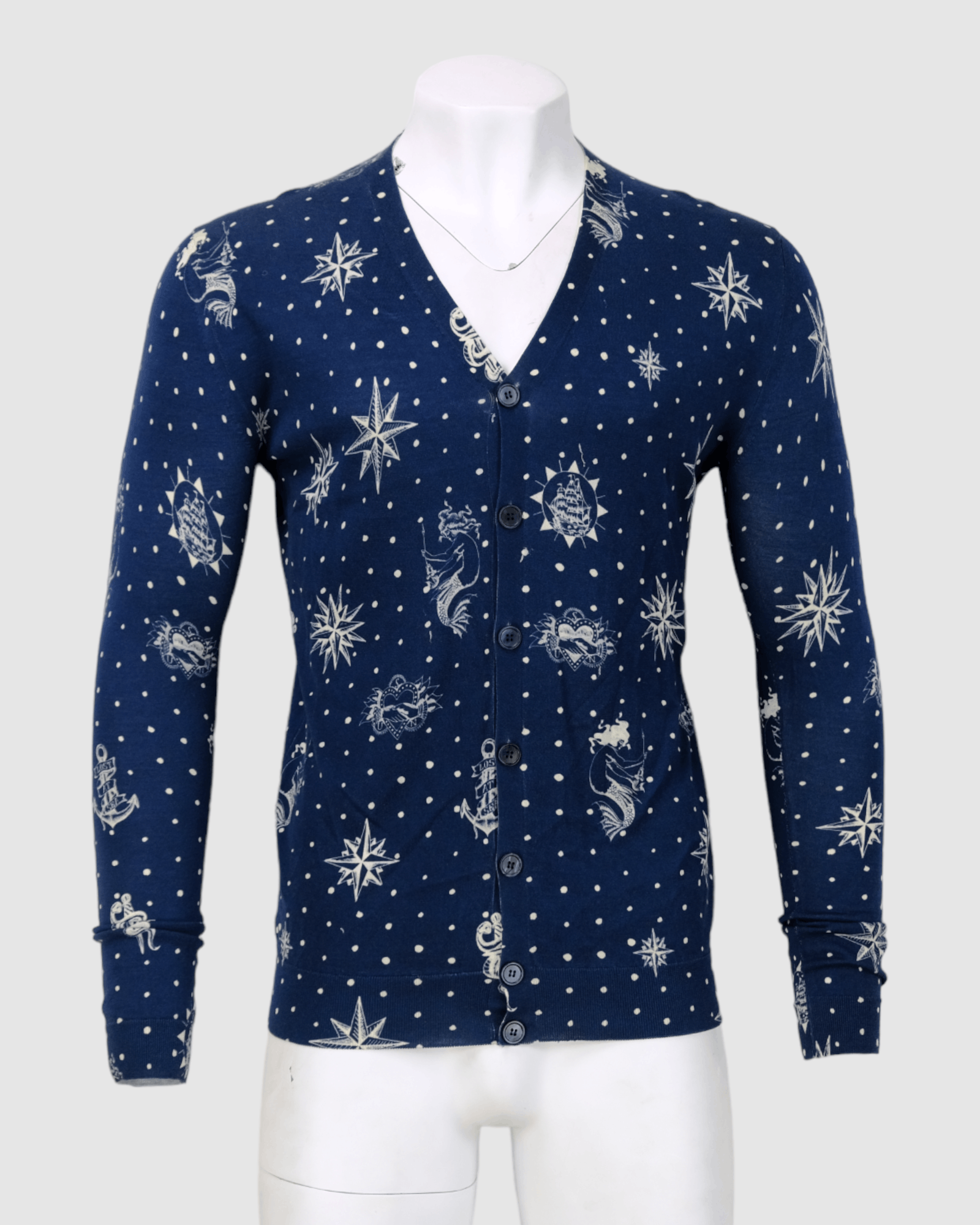 image of Alexander Mcqueen Silk Cotton Sailor Graphic Cardigan in Navy, Men's (Size Medium)