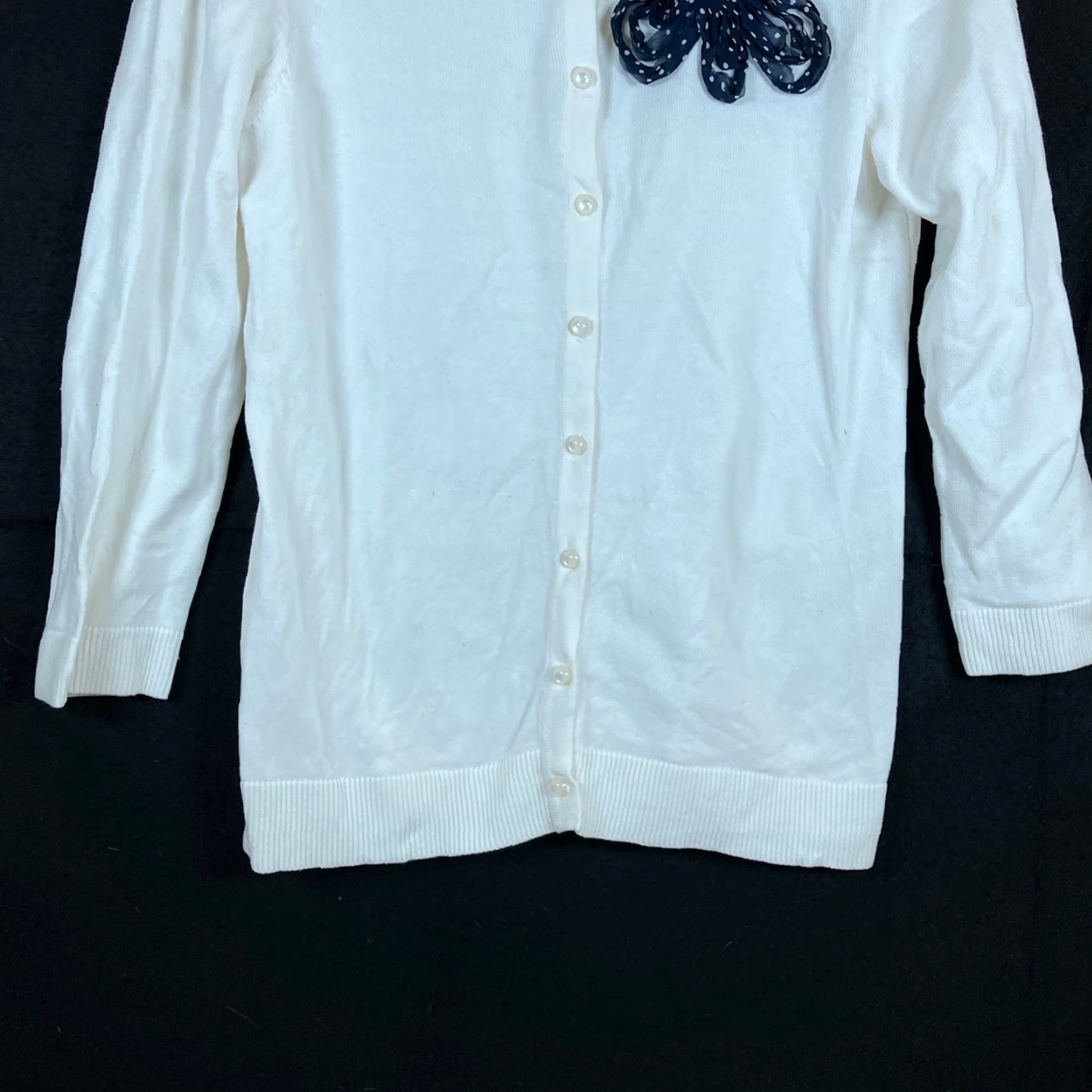 Loft LOFT Ann Taylor Womens Cardigan Sweater 100% Cotton White Navy Bow Button Front S Crew Neck Knit Lightweight Regular Long Sleeve Women Size S / US 4 / IT 40 - 3 Thumbnail