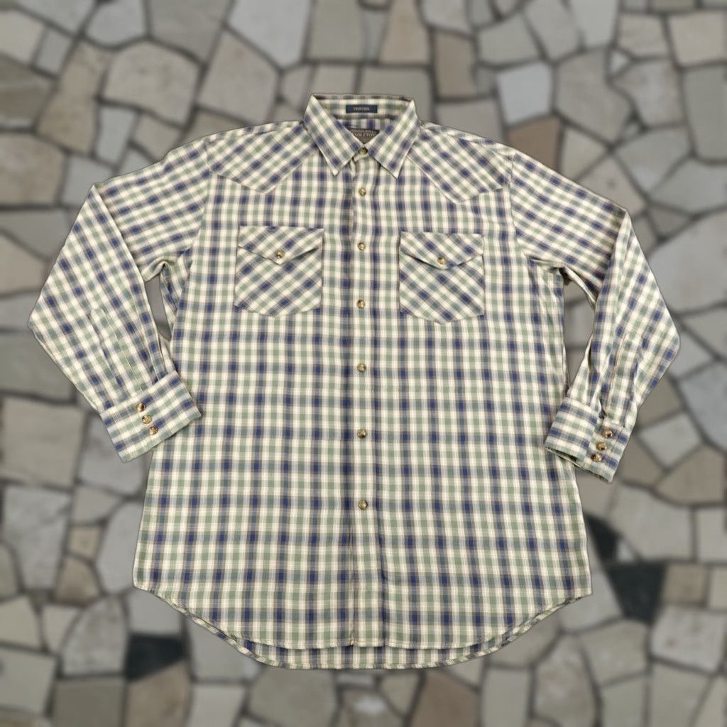 Pendleton Shirt Mens M Blue Plaid Frontier Western Pearl Snap Pocket