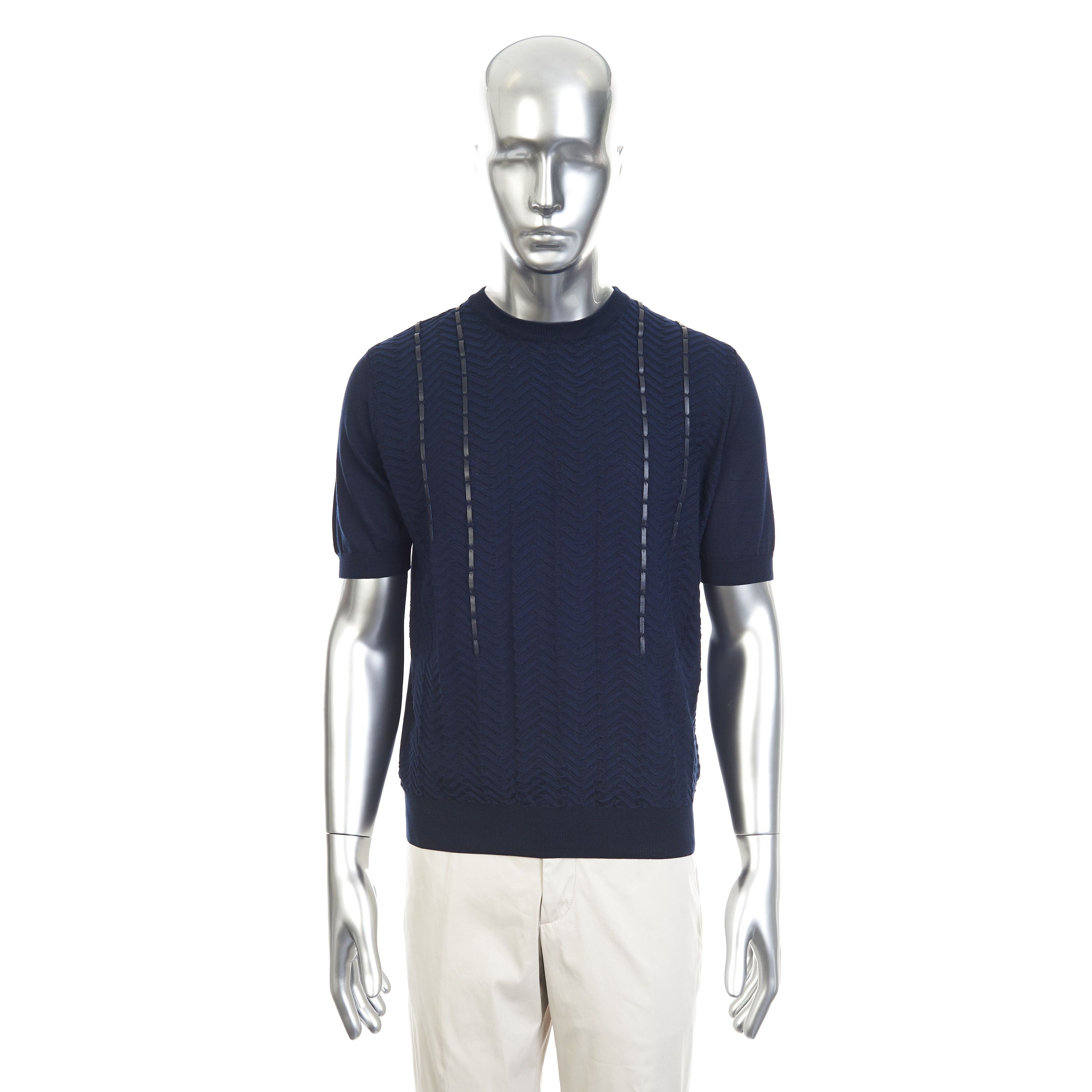 Zilli Dark Navy Jacquard Weave T-Shirt With Lambskin Inserts Size US M / EU 48-50 / 2 - 1 Thumbnail