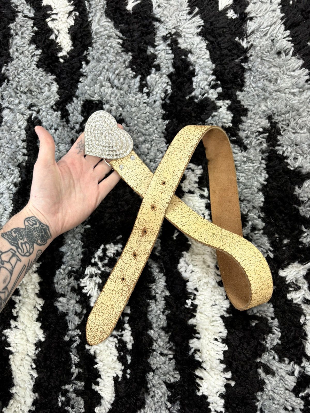 Japanese Brand Rhinestones oversized buckle cracked paint belt japanese Size 30 - 2 Thumbnail