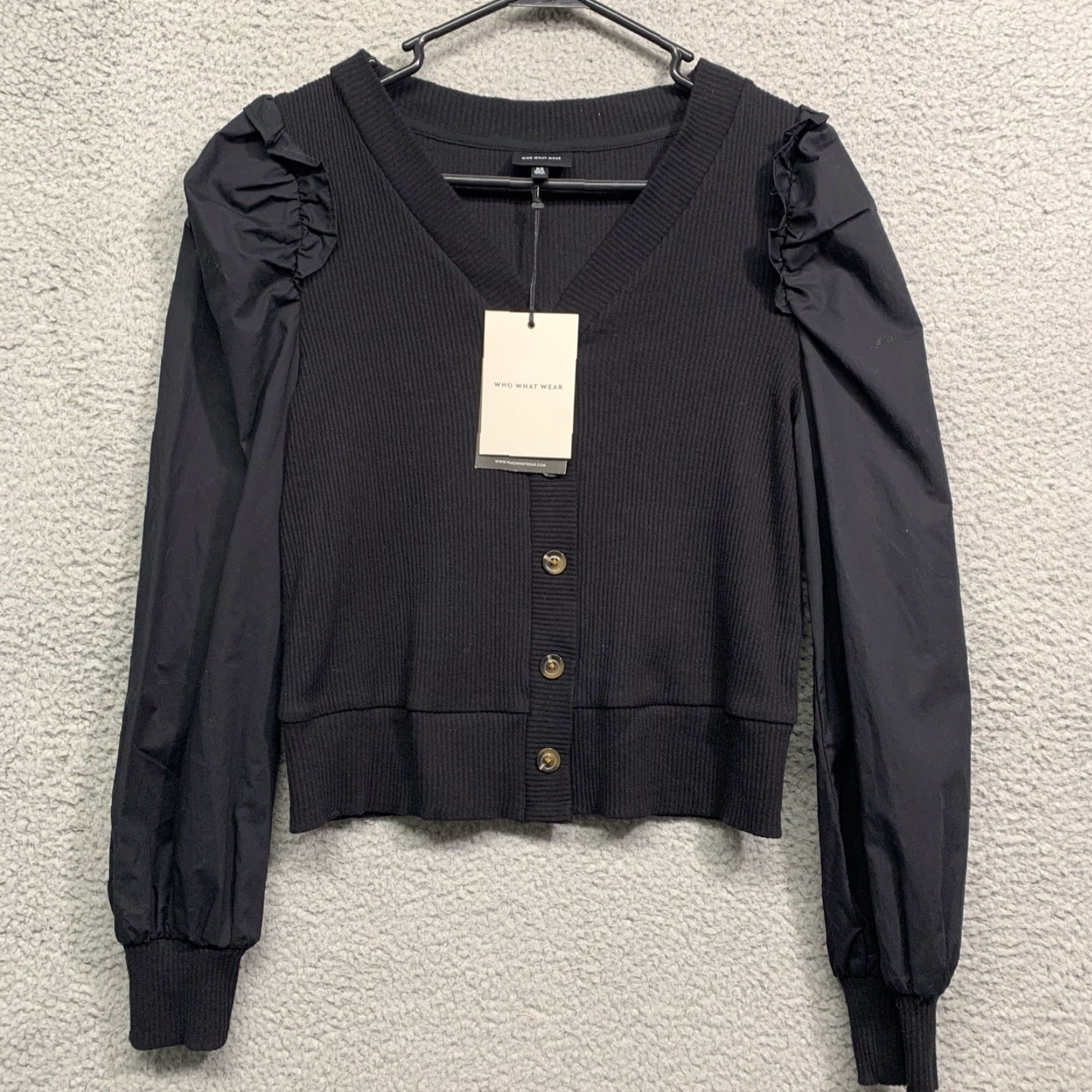 Vintage WHO WHAT WEAR Pullover Top Women XS Black V-Neck Knit Body Blousy Sleeves NWT Size XS / US 0-2 / IT 36-38 - 2 Thumbnail