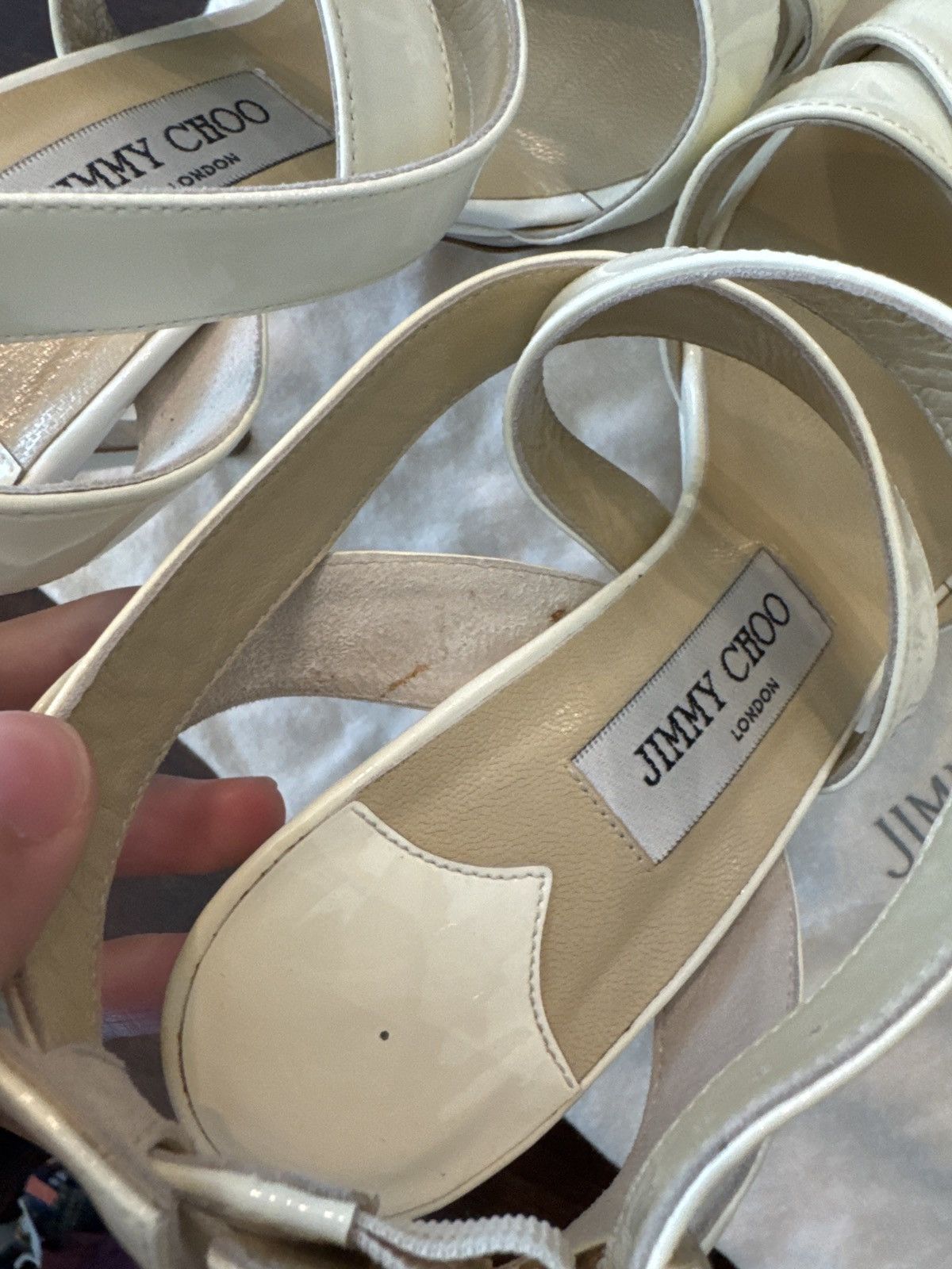 Jimmy Choo Jimmy Choo Lottie White Patent Crossover Heels Size US 7.5 / IT 37.5 - 5 Thumbnail