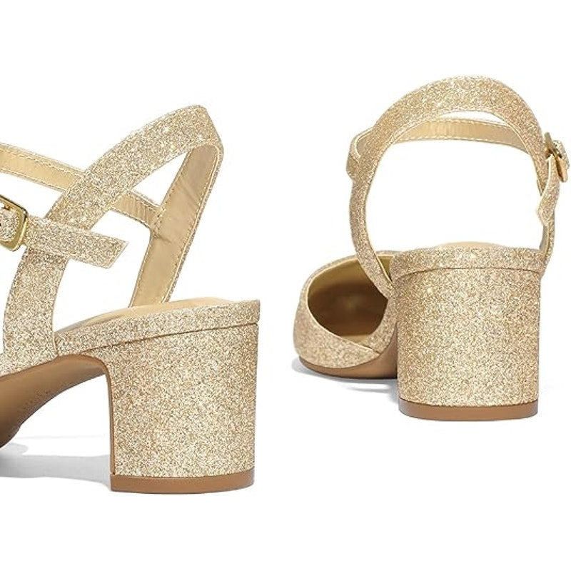 Other Mysoft Women's 10 Gold Glitter Pointy Toe Block Heel Shoes Size US 10 / IT 40 - 3 Thumbnail
