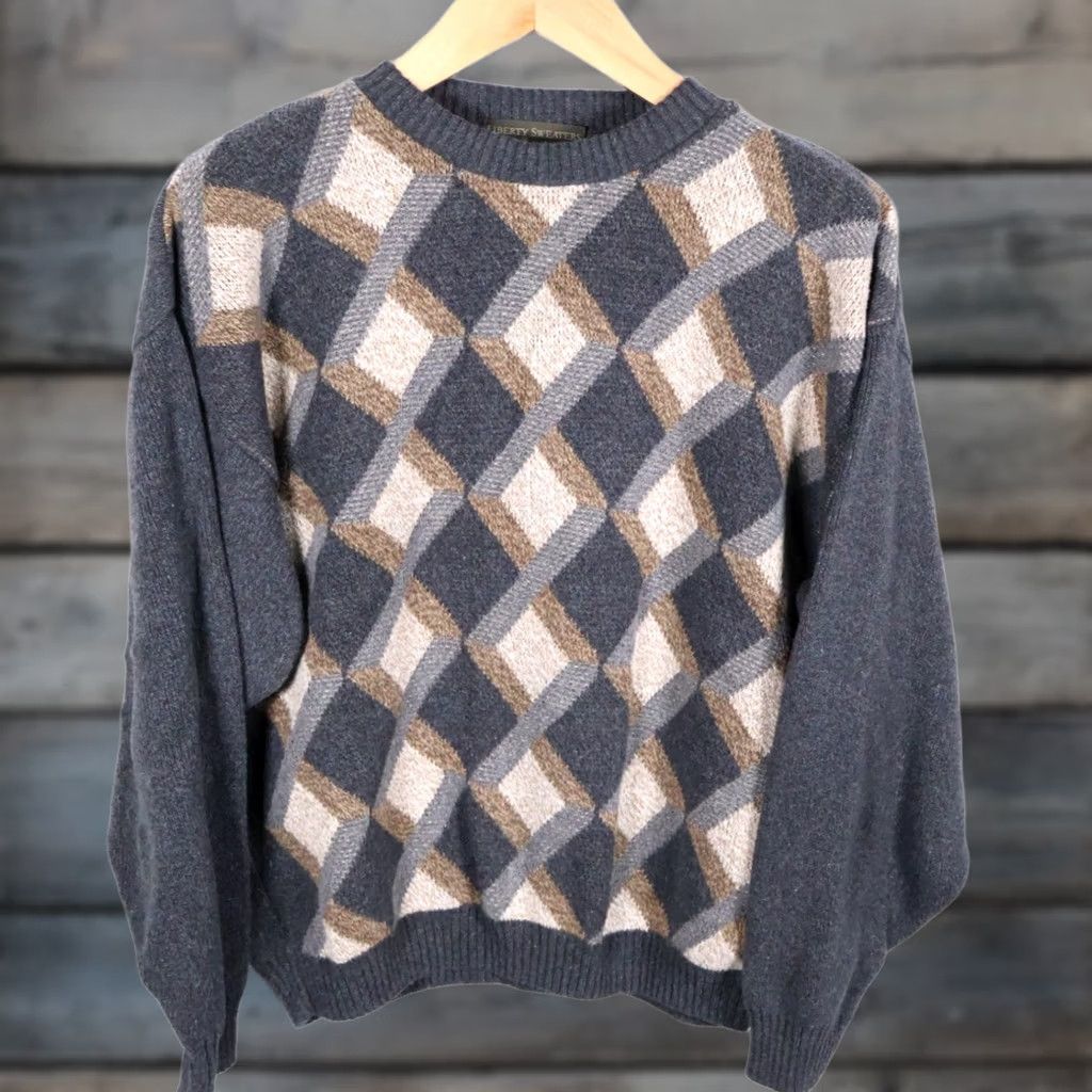 Vintage VINTAGE Liberty Sweater Mens Large Gray Diamond Argyle Pattern Cotton Knit VTG Size US L / EU 52-54 / 3 - 1 Thumbnail