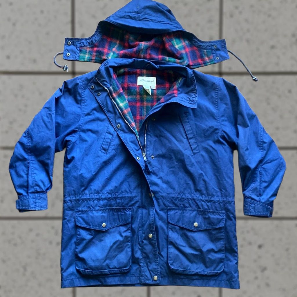 Eddie Bauer VINTAGE Eddie Bauer Hooded Barn Jacket Womens Large Navy Blue Wool Lined Chore Coat Size L / US 10 / IT 46 - 1 Thumbnail