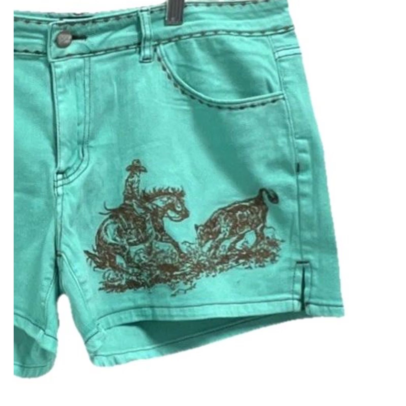 AQUA Sterling Kreek Shorts Womens L Aqua Denim Western Graphic Mid Rise Stretch Size 36" / US 14 / IT 50 - 2 Thumbnail
