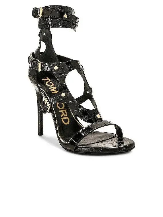Tom Ford o1loc1c1224 W3326 Shinny Stamped Sandals in Black Size US 6 / IT 36 - 3 Thumbnail