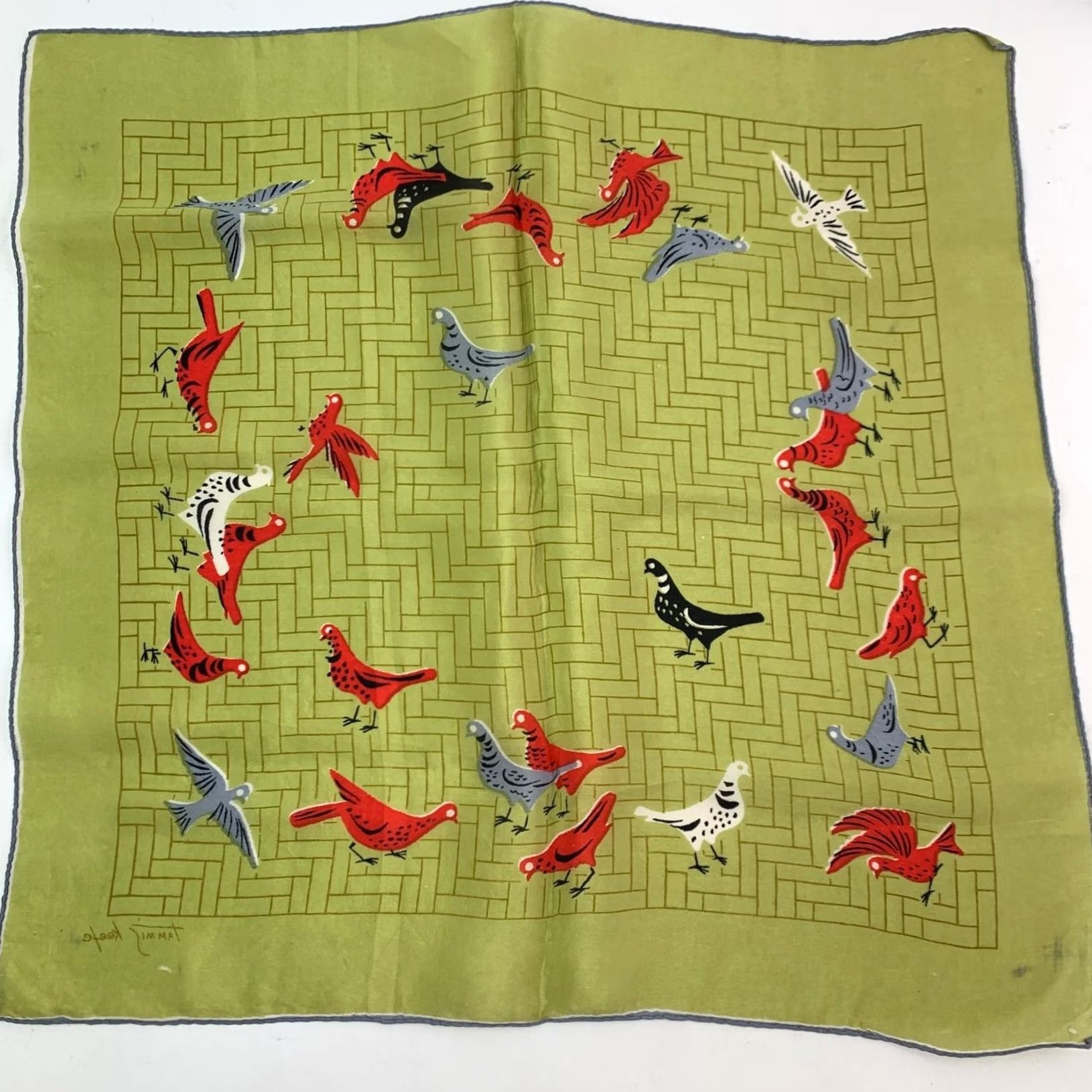 MCM VINTAGE Tammis Keefe Handkerchief Green Birds MCM Designer Women Handkerchief 16" x 16" Birds Geometric Size ONE SIZE - 7 Thumbnail