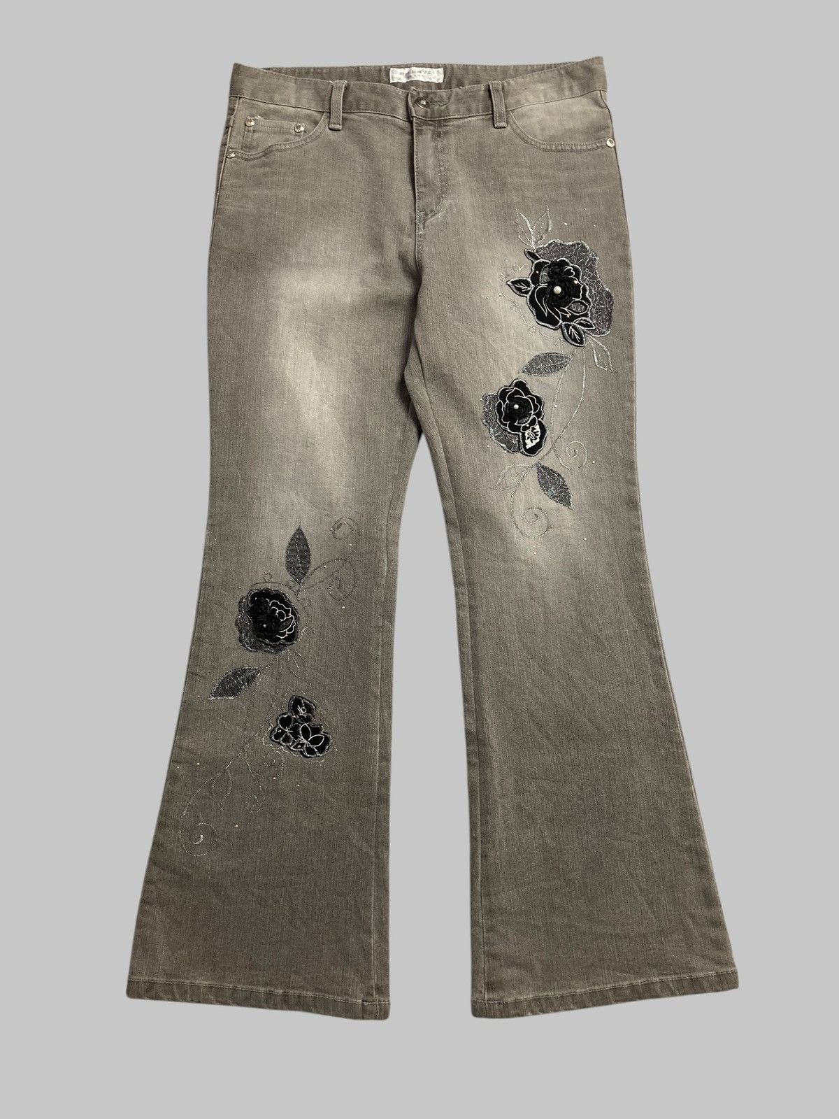 Hysteric Glamour × Japanese Brand × Tornado Mart M.ELEGANCE Flared Flowers Luck Pearl Washed Y2K Jeans💥 Size 32" / US 10 / IT 46 - 2 Thumbnail