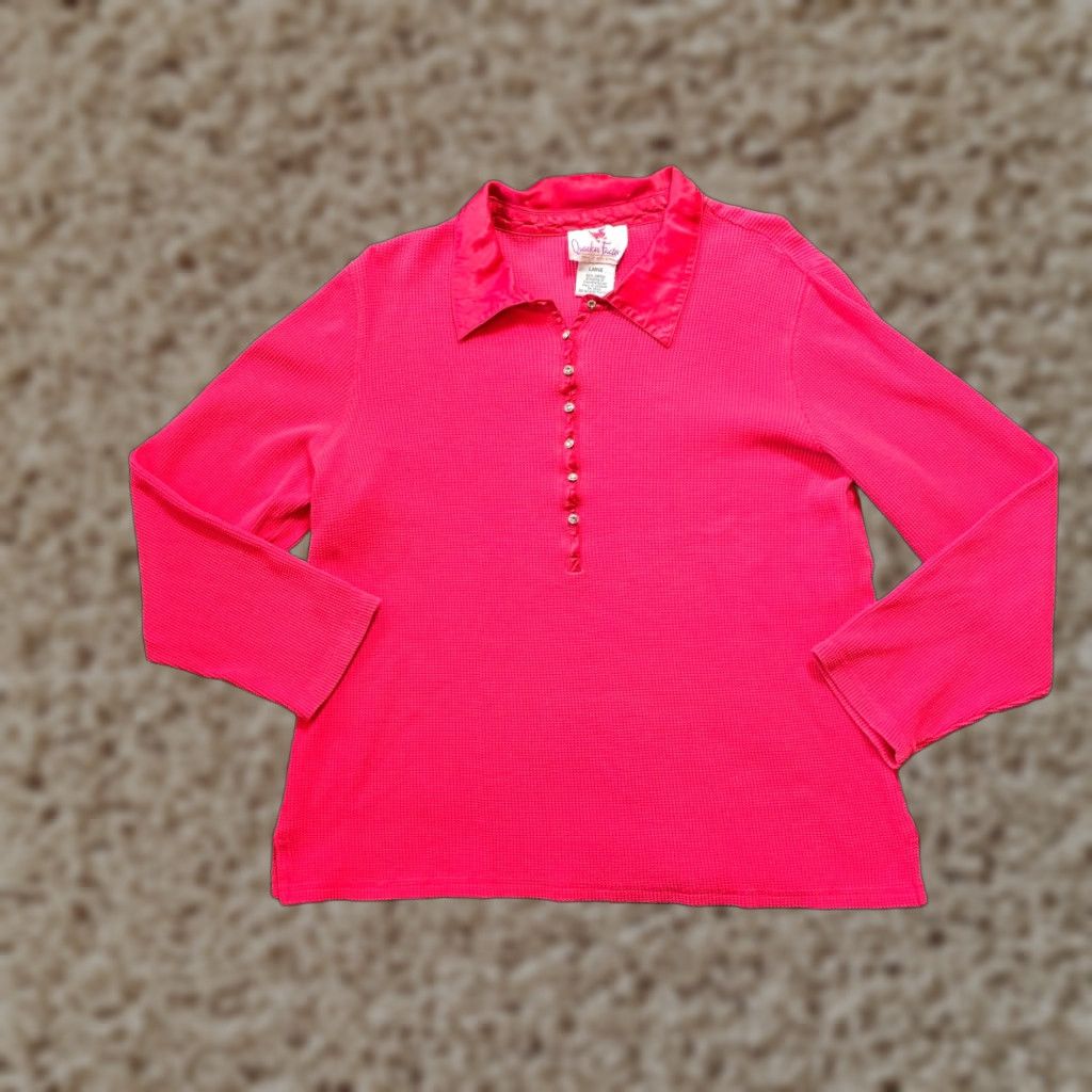Quacker Factory Quacker Factory Top Womens L Pink Red Thermal Knit Rhinestones Casual Blouse Size L / US 10 / IT 46 - 1 Thumbnail