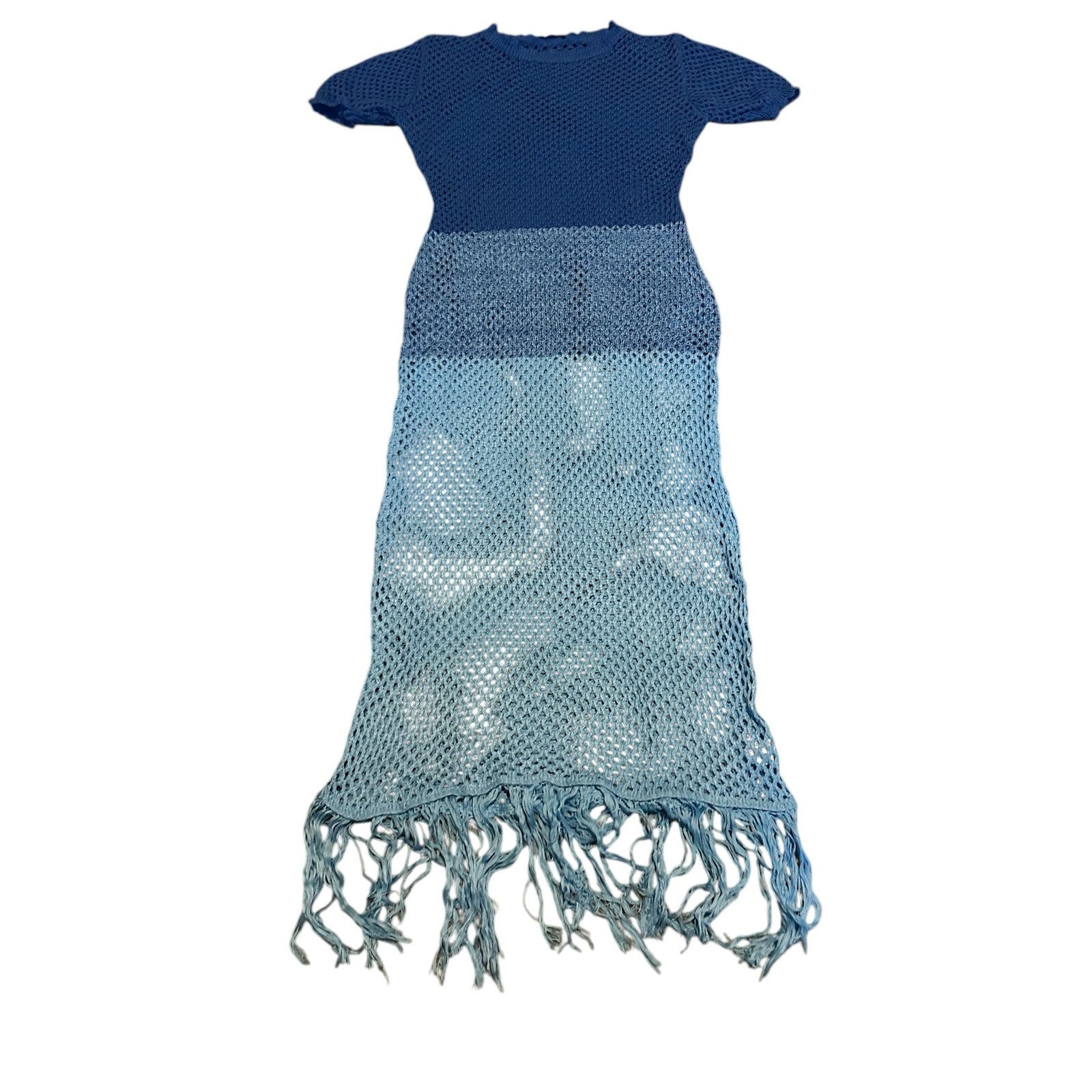 Other Blue Ombre Fringe Hem Crochet Hollow Out Cover Up Dress Size XL / US 12-14 / IT 48-50 - 5 Thumbnail