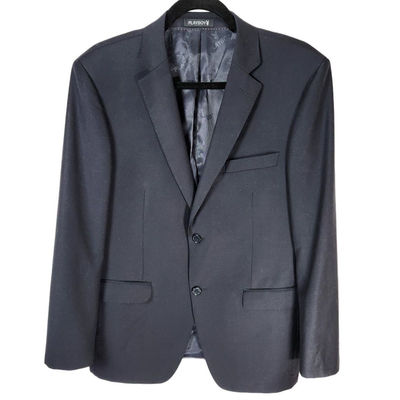 image of Playboy Hand-Stitched Black Wool Suit Jacket/blazer L-Xl, Men's (Size 44R)