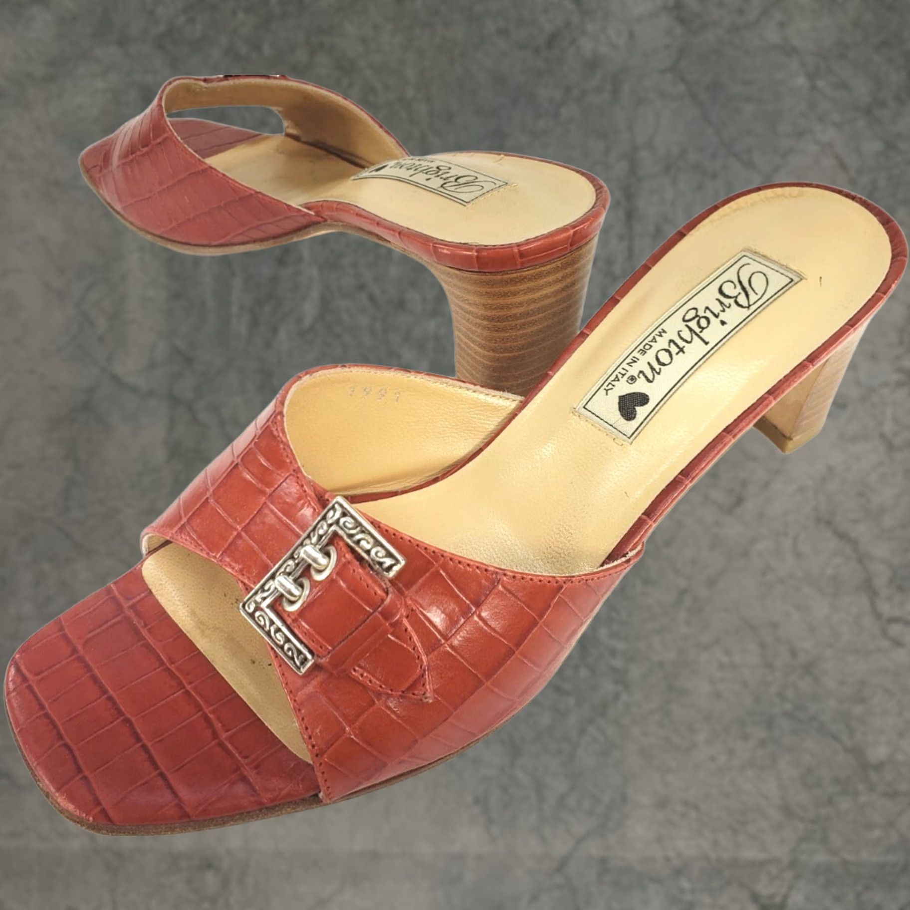 Brighton Brighton Tyler Croc Embossed Red Pump Sandals Women's 7 Slip On Leather M Heel Block Animal Print Slide Shoes, Italy, Handmade No, Vintage No Size US 7 / IT 37 - 1 Thumbnail
