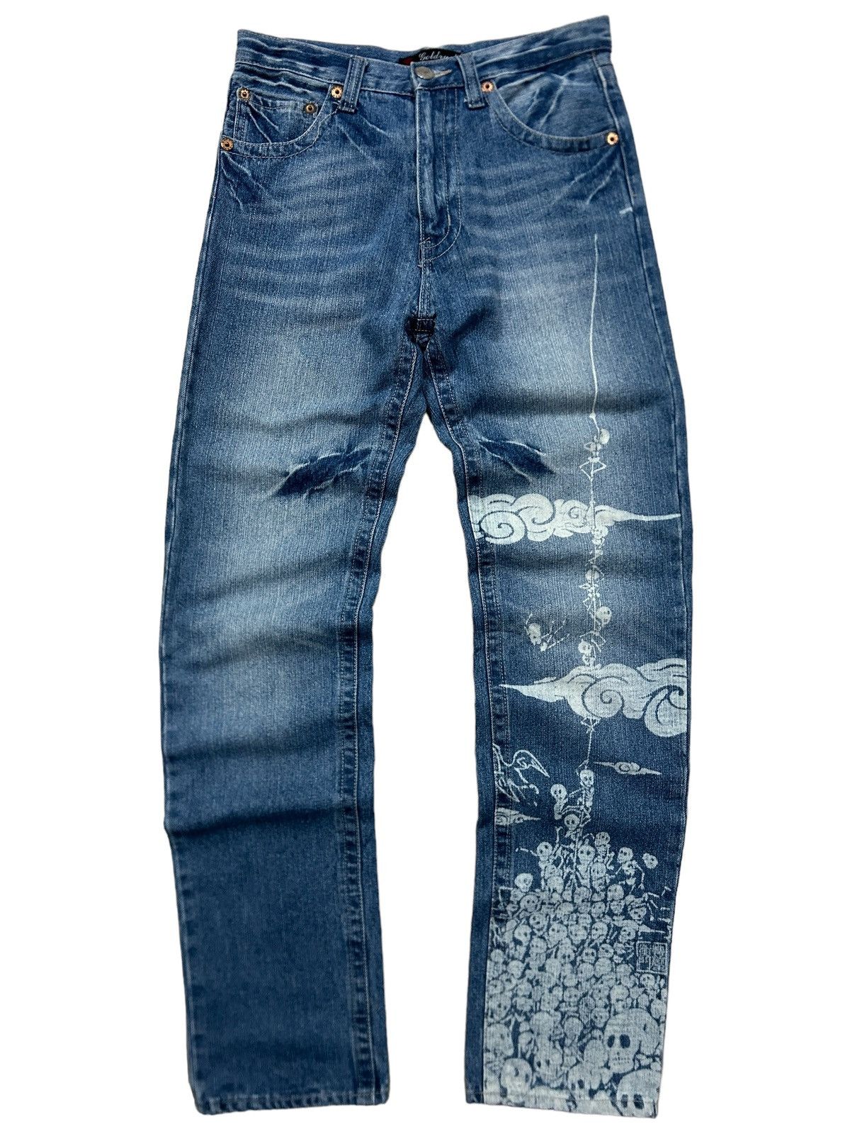 Japanese Brand Vintage 2000s Gold Rush ‘Skull Climbing’ Printed Rare Jeans Size US 29 - 2 Thumbnail