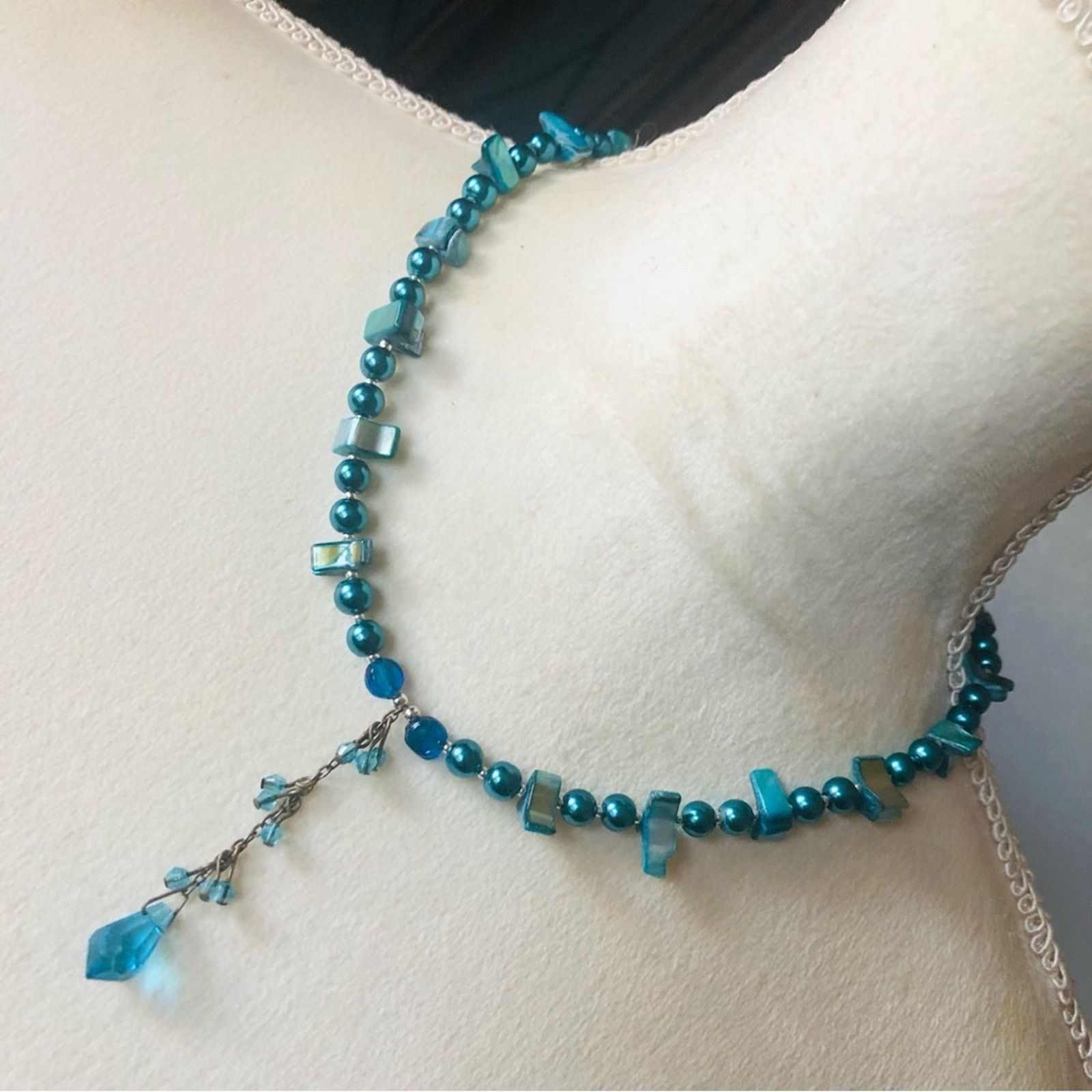 Handmade Handcrafted repurpose peacock crystal Pearl necklace Size ONE SIZE - 1 Thumbnail