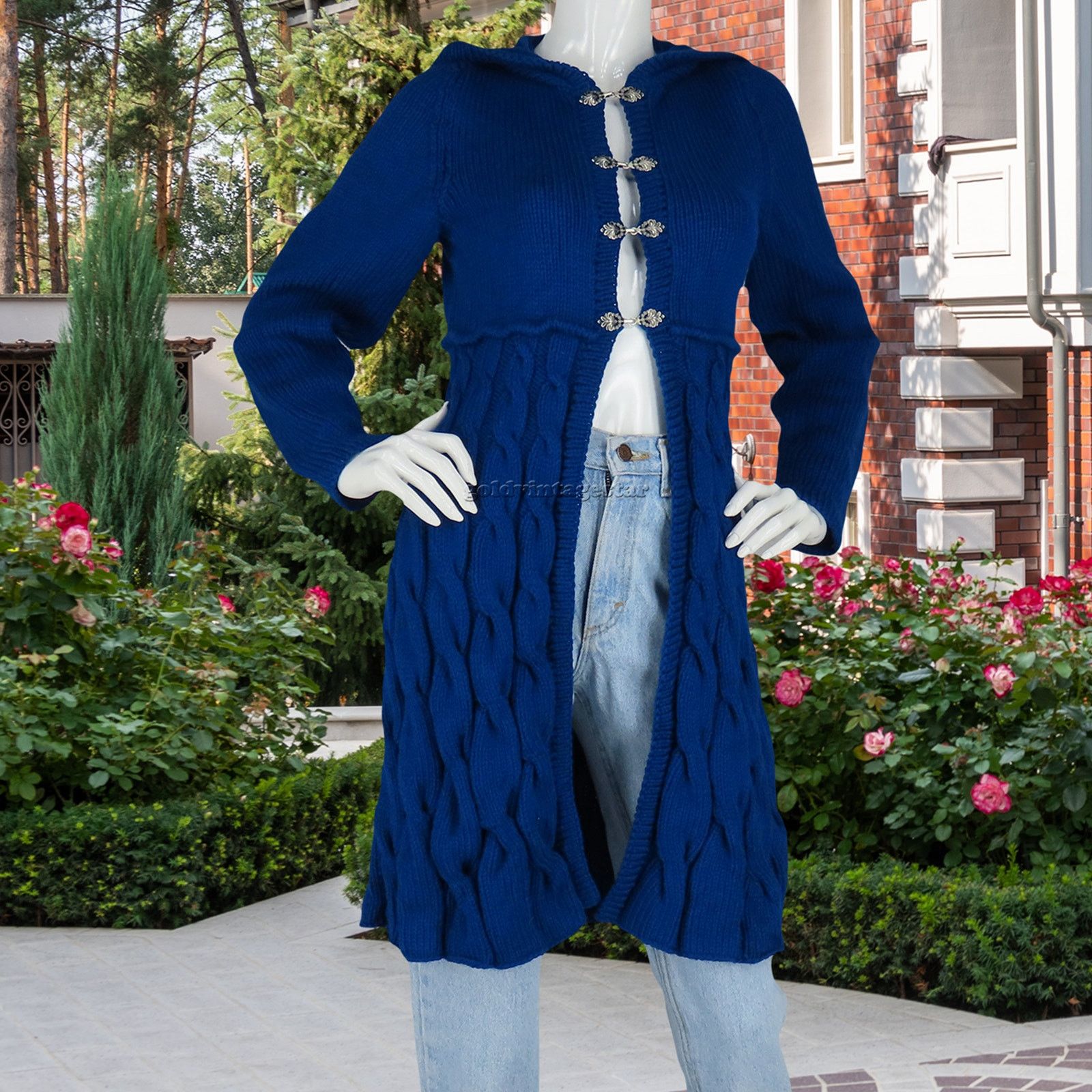 Indigo Cable Knit Hooded Sweater Dress Coat S