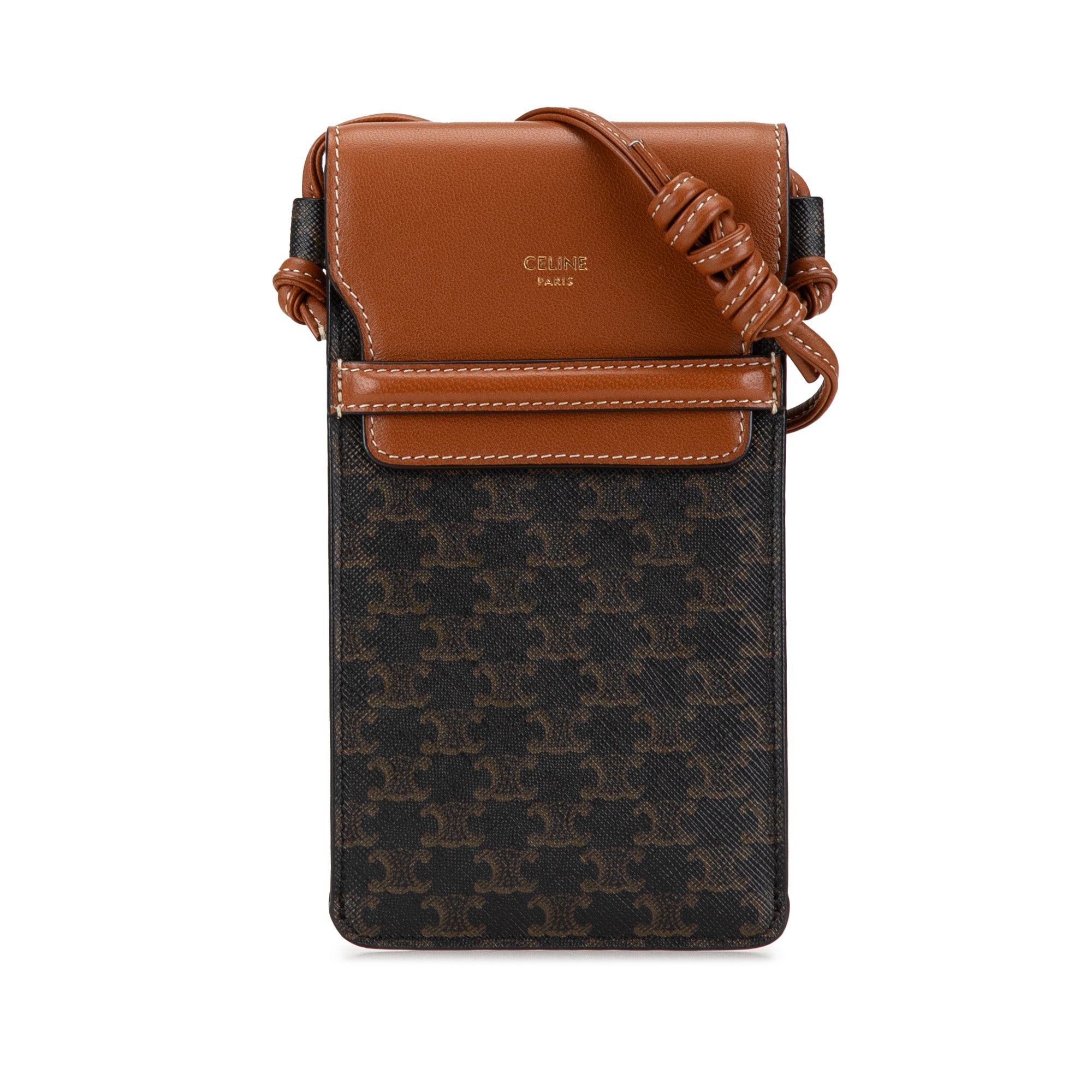 Celine Celine Triomphe Coated Canvas and Lambskin Phone Pouch with Flap Brown Size ONE SIZE - 1 Thumbnail