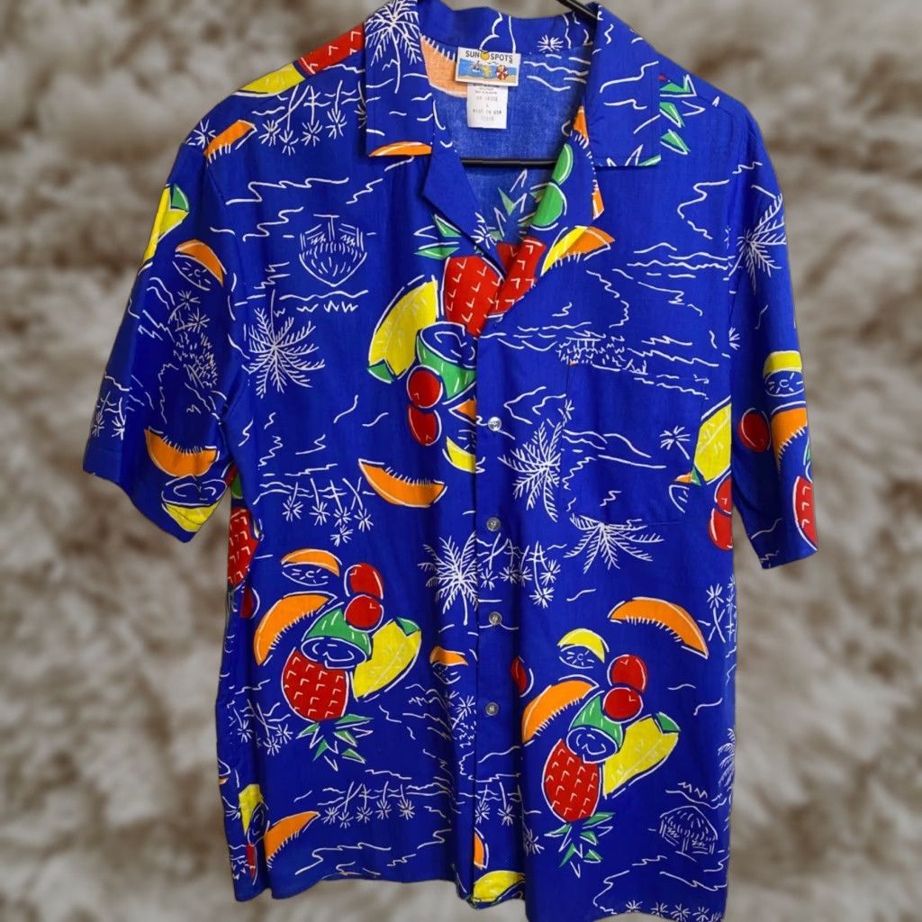 VINTAGE Sun Spots Shirt Unisex Adults Short Sleeve Button-Up Collared Cotton Multicolor L