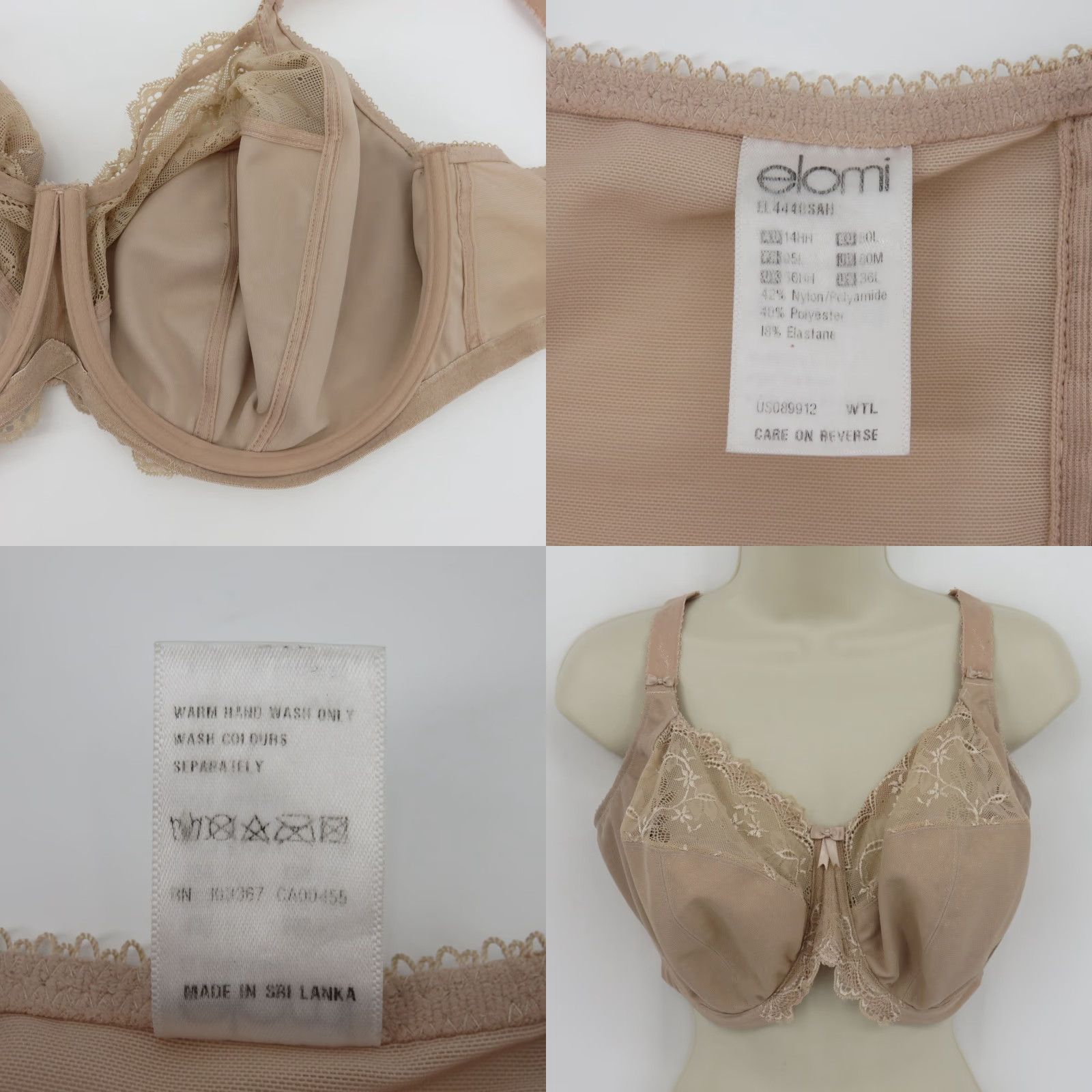 Vintage Elomi Bra 36L Meredith Style 4440 Stretch Lace Banded Underwire Unlined Womens Size ONE SIZE - 9 Thumbnail