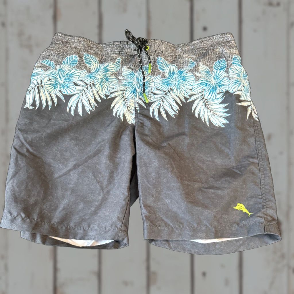 Tommy Bahama VINTAGE Tommy Bahama Swim Shorts Lined Men's XL Blue Black Hawaiian Floral Elastic Band Size US 36 / EU 52 - 1 Thumbnail