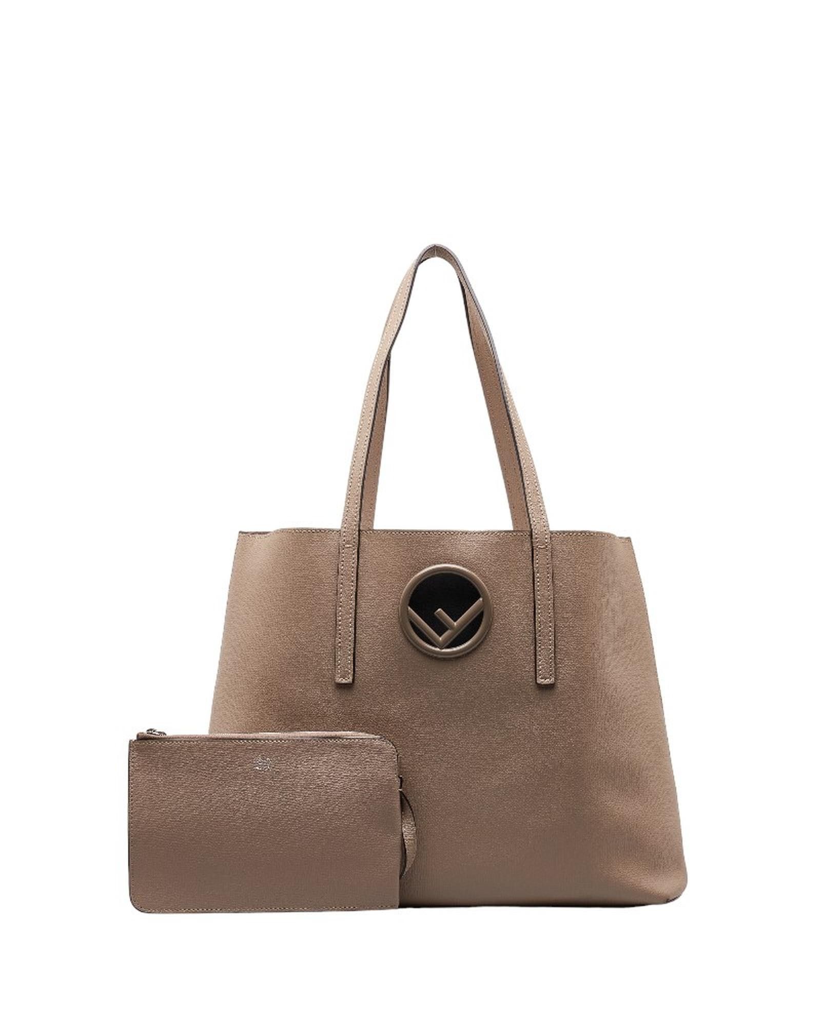 image of Fendi Leather Shopping Tote Bag With Signature F Design In Brown, Women's