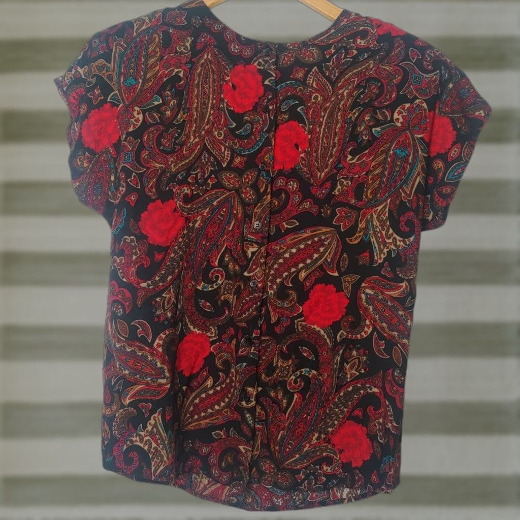 Vintage VINTAGE Russ Blouse Size 6 Short Sleeve Floral Paisley Button ILGWU USA Red black and red Shirt Womens 1960s Office Wear Size M / US 6-8 / IT 42-44 - 1 Thumbnail
